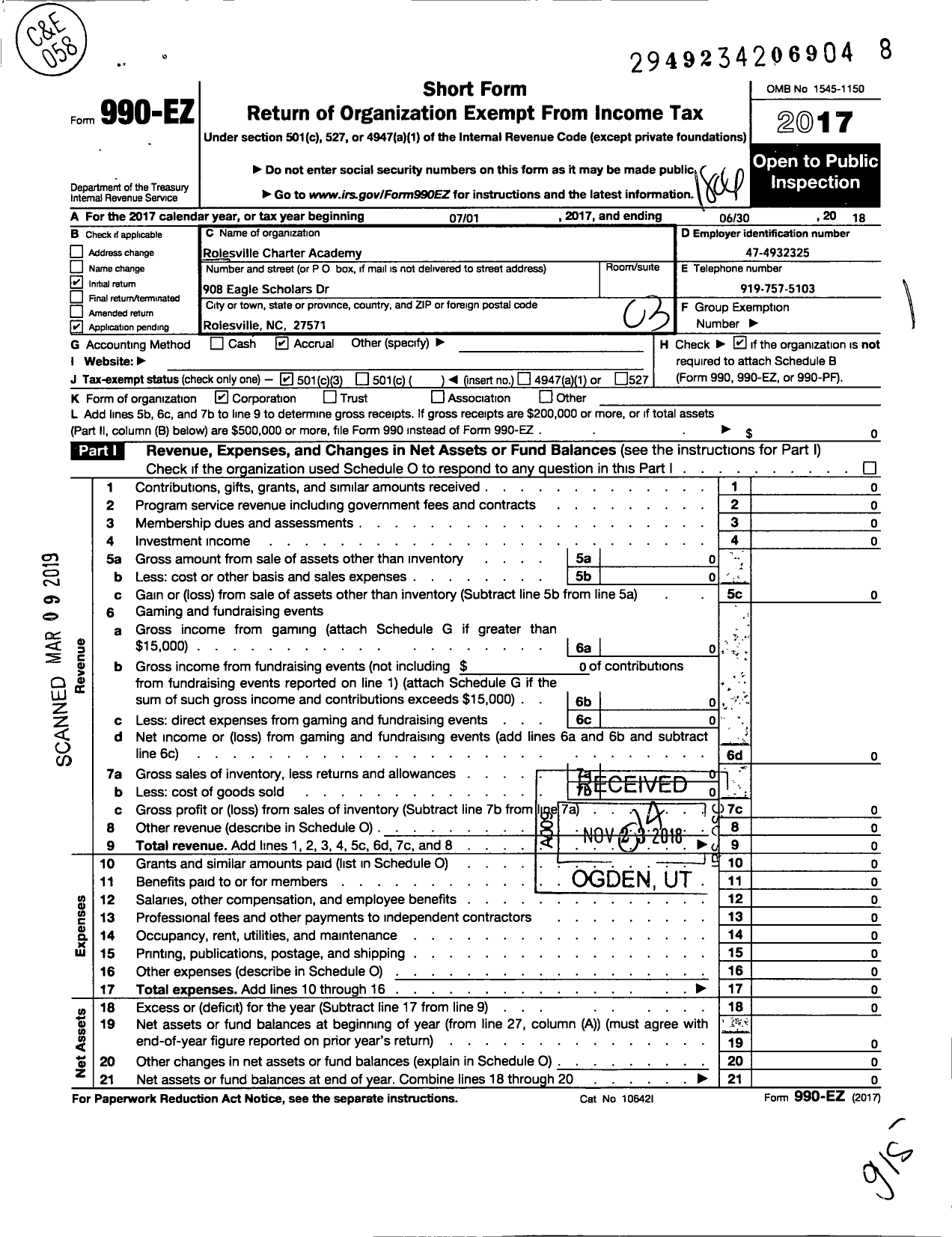 Image of first page of 2017 Form 990EZ for Rolesville Charter Academy