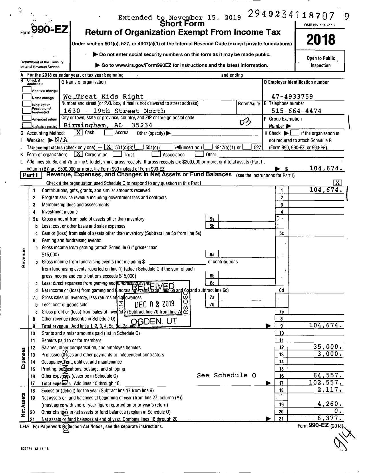 Image of first page of 2018 Form 990EZ for We Treat Kids Right