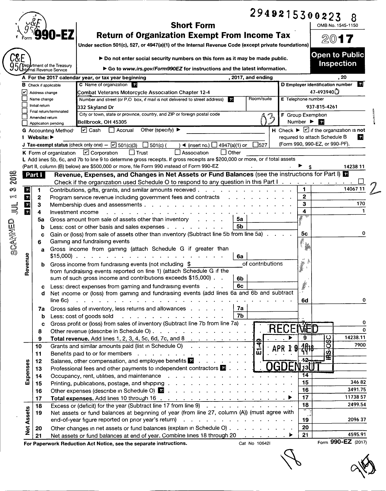 Image of first page of 2017 Form 990EZ for Combat Veterans Motorcycle Association Chapter 12 4