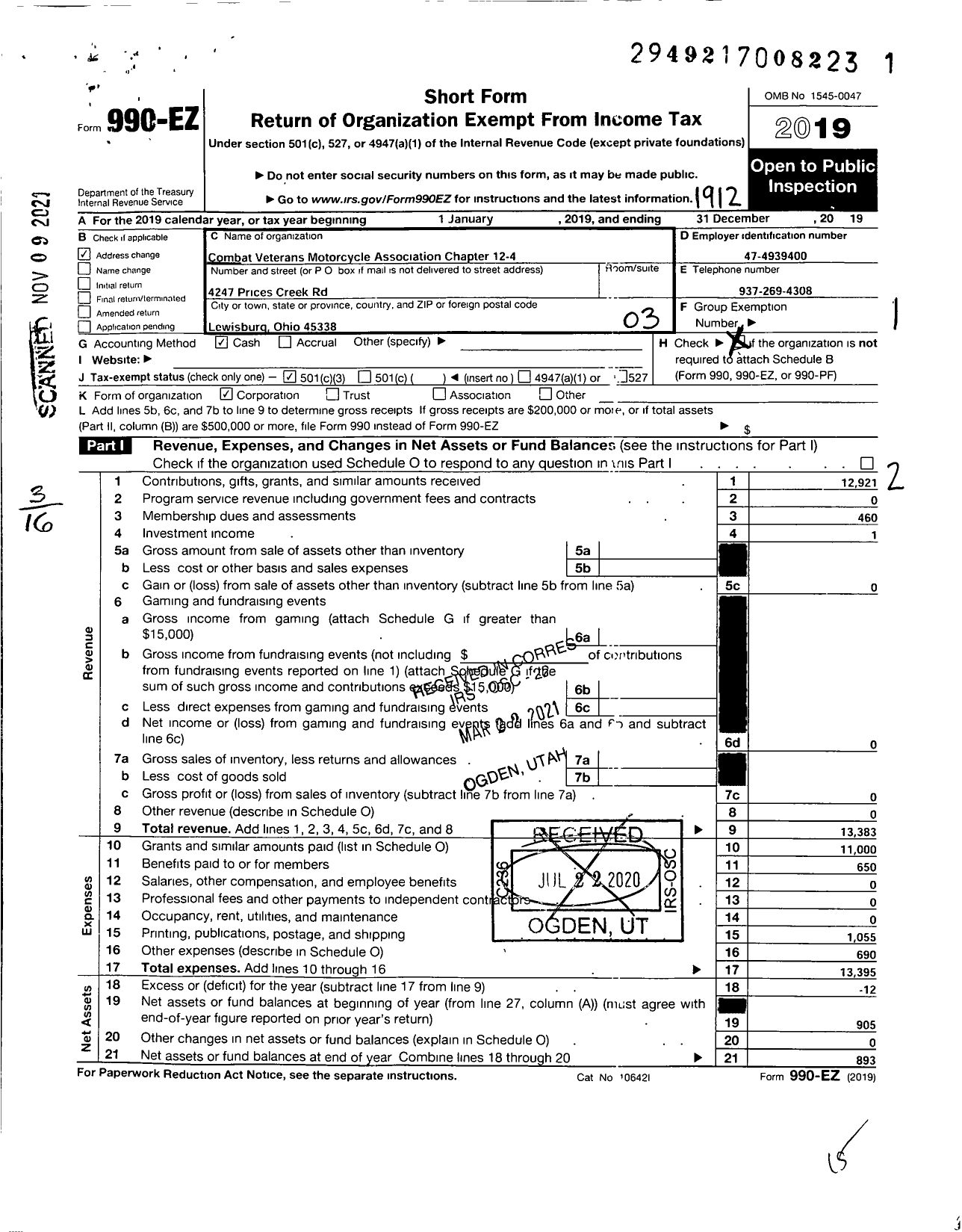 Image of first page of 2019 Form 990EZ for Combat Veterans Motorcycle Association Chapter 12 4