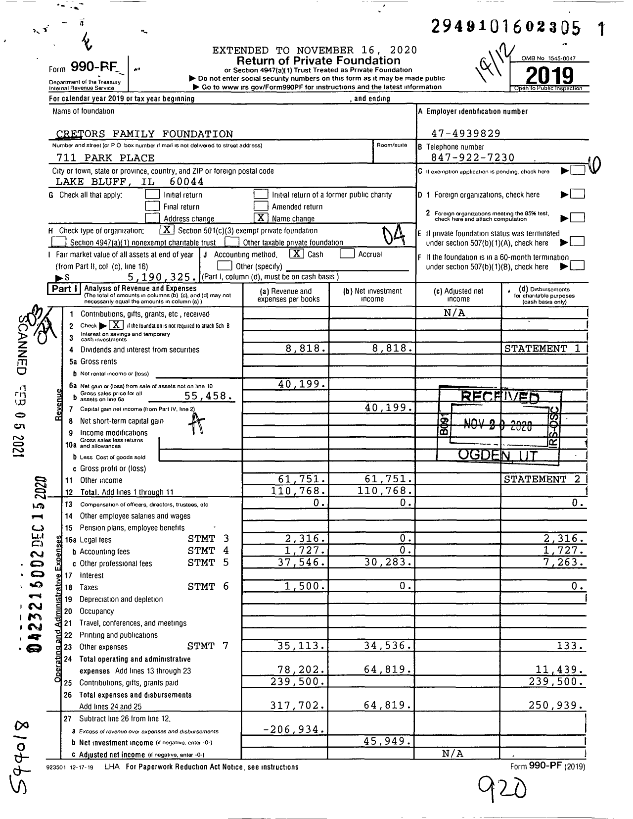 Image of first page of 2019 Form 990PF for Cretors Family Foundation