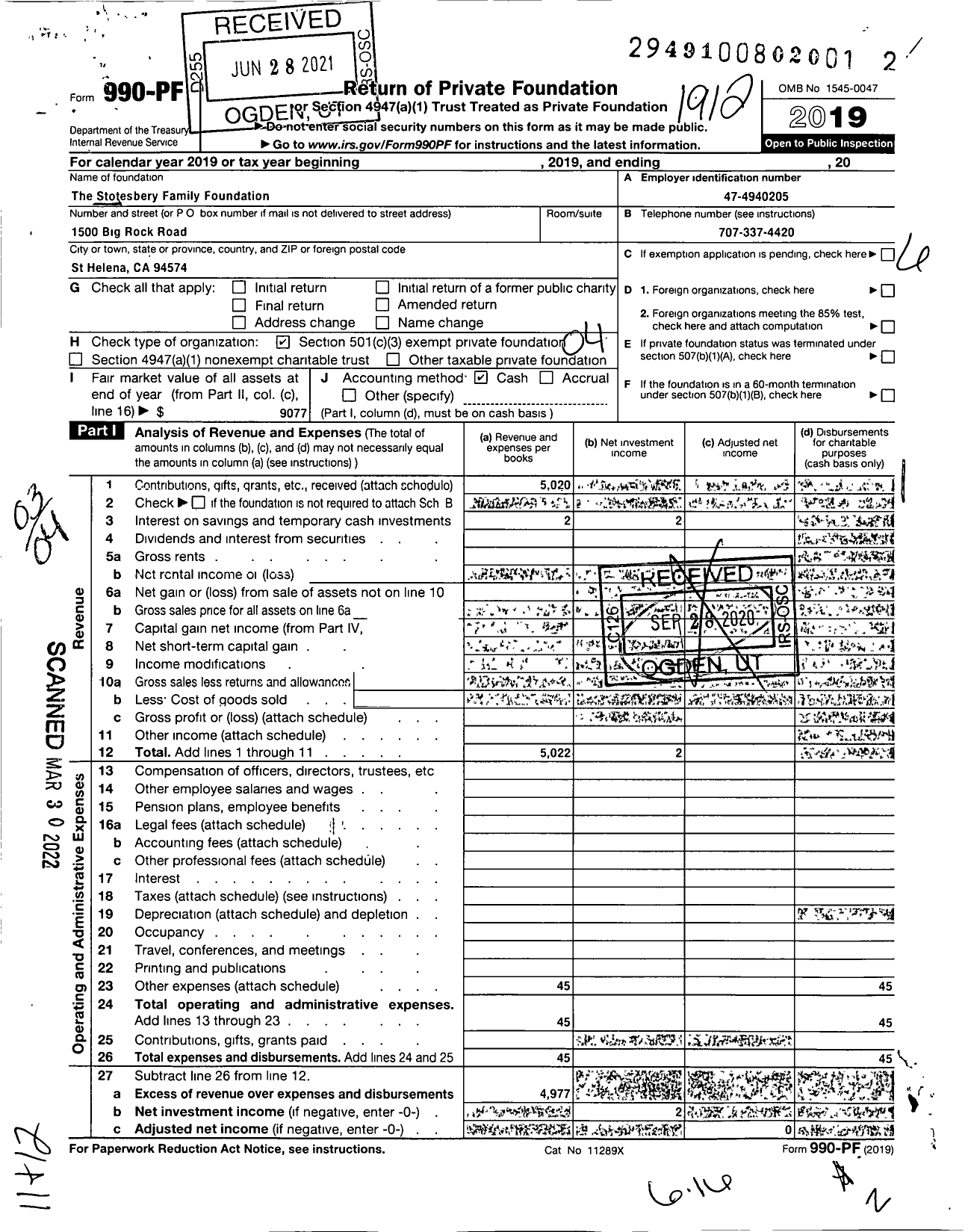 Image of first page of 2019 Form 990PF for Stotesbery Family Foundation