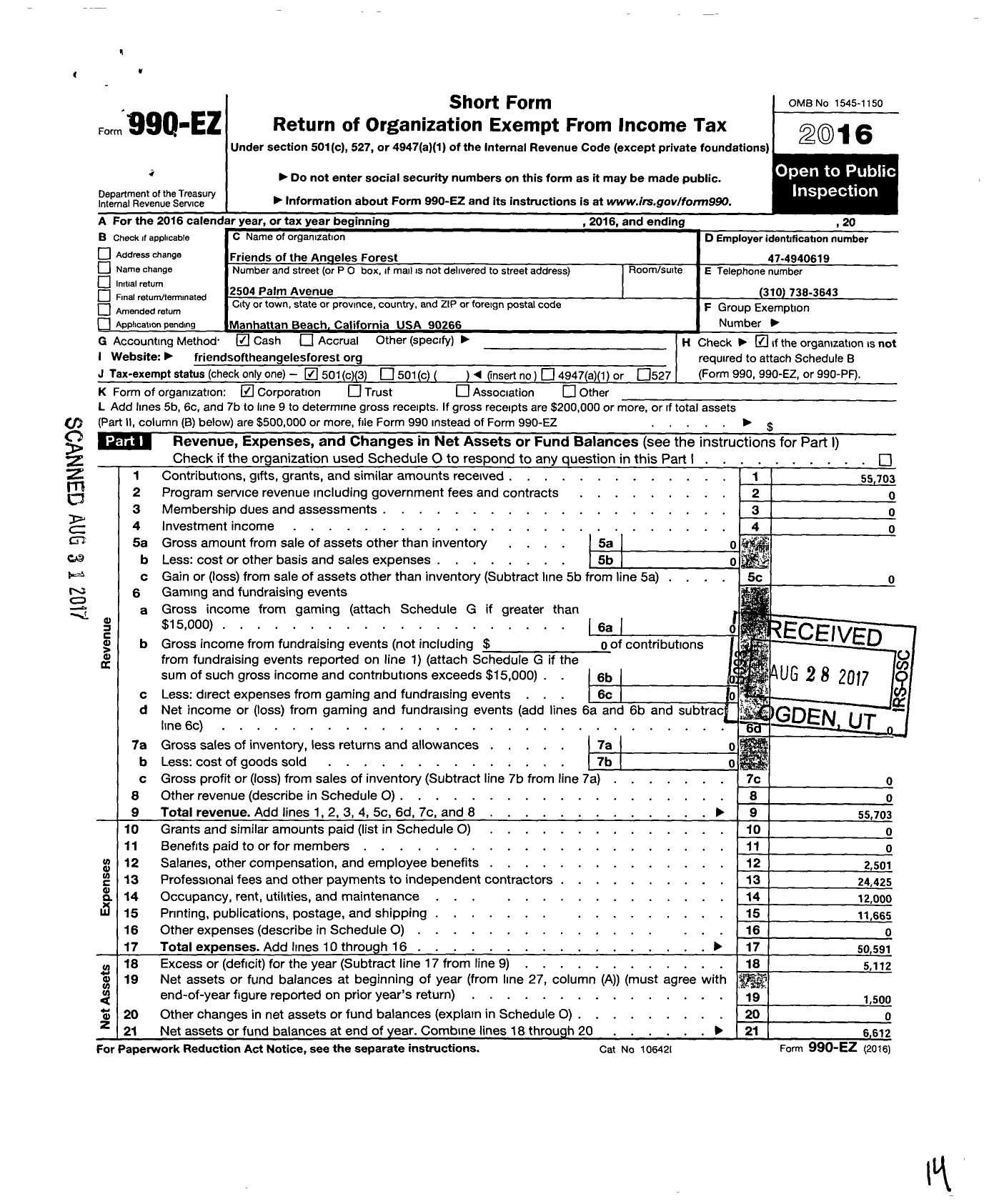 Image of first page of 2016 Form 990EZ for Friends of the Angeles Forest