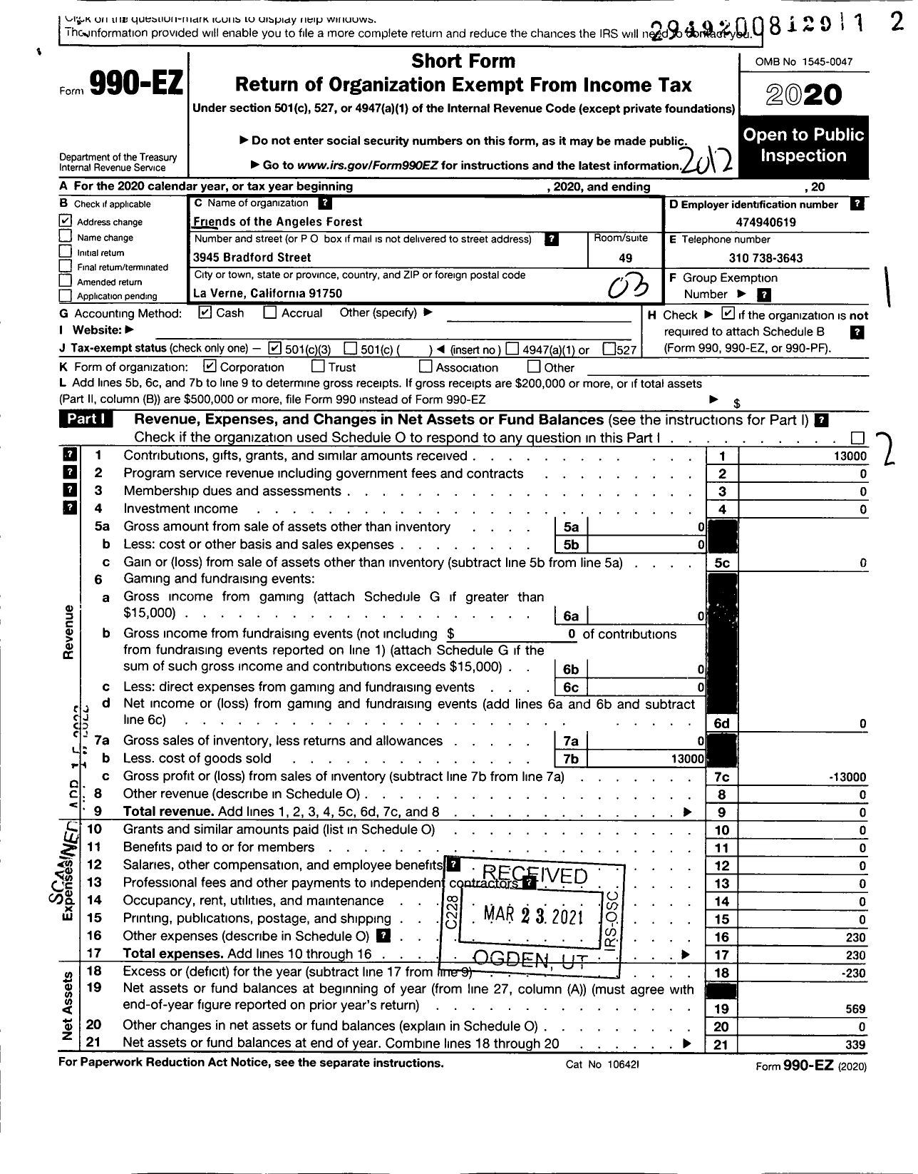 Image of first page of 2020 Form 990EZ for Friends of the Angeles Forest