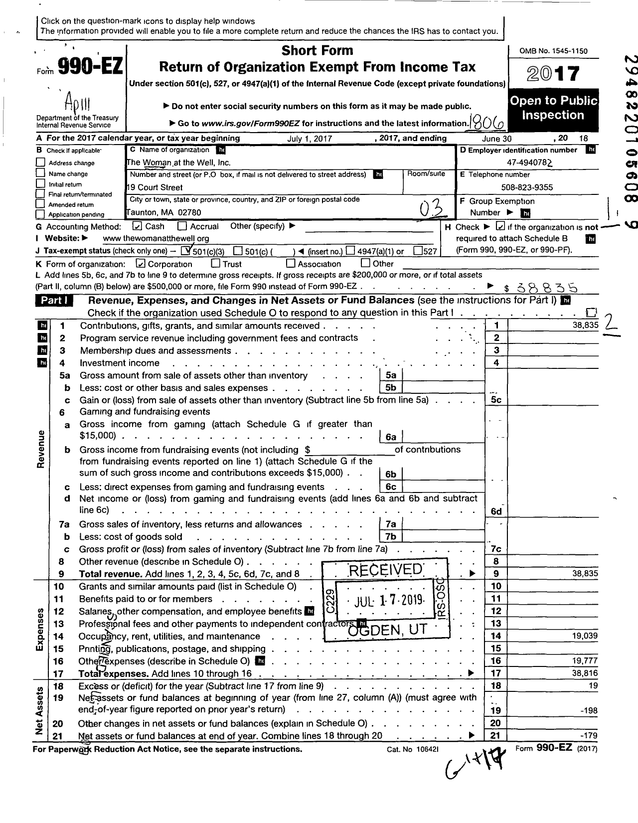 Image of first page of 2017 Form 990EZ for Woman at the Well