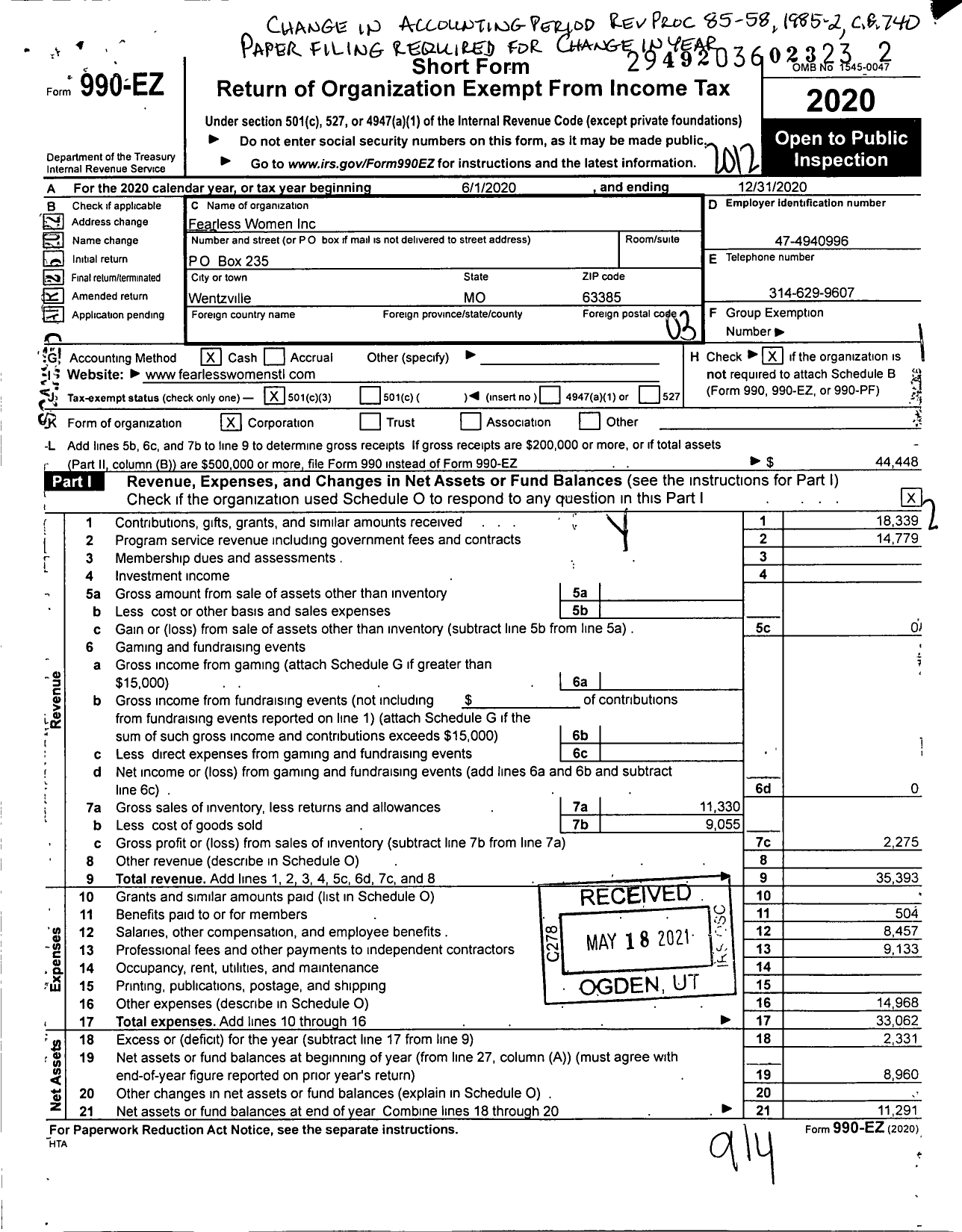 Image of first page of 2020 Form 990EZ for Fearless Women