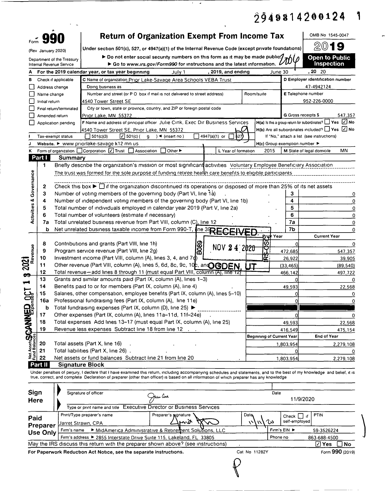 Image of first page of 2019 Form 990O for Prior Lake-Savage Area Schools Veba Trust