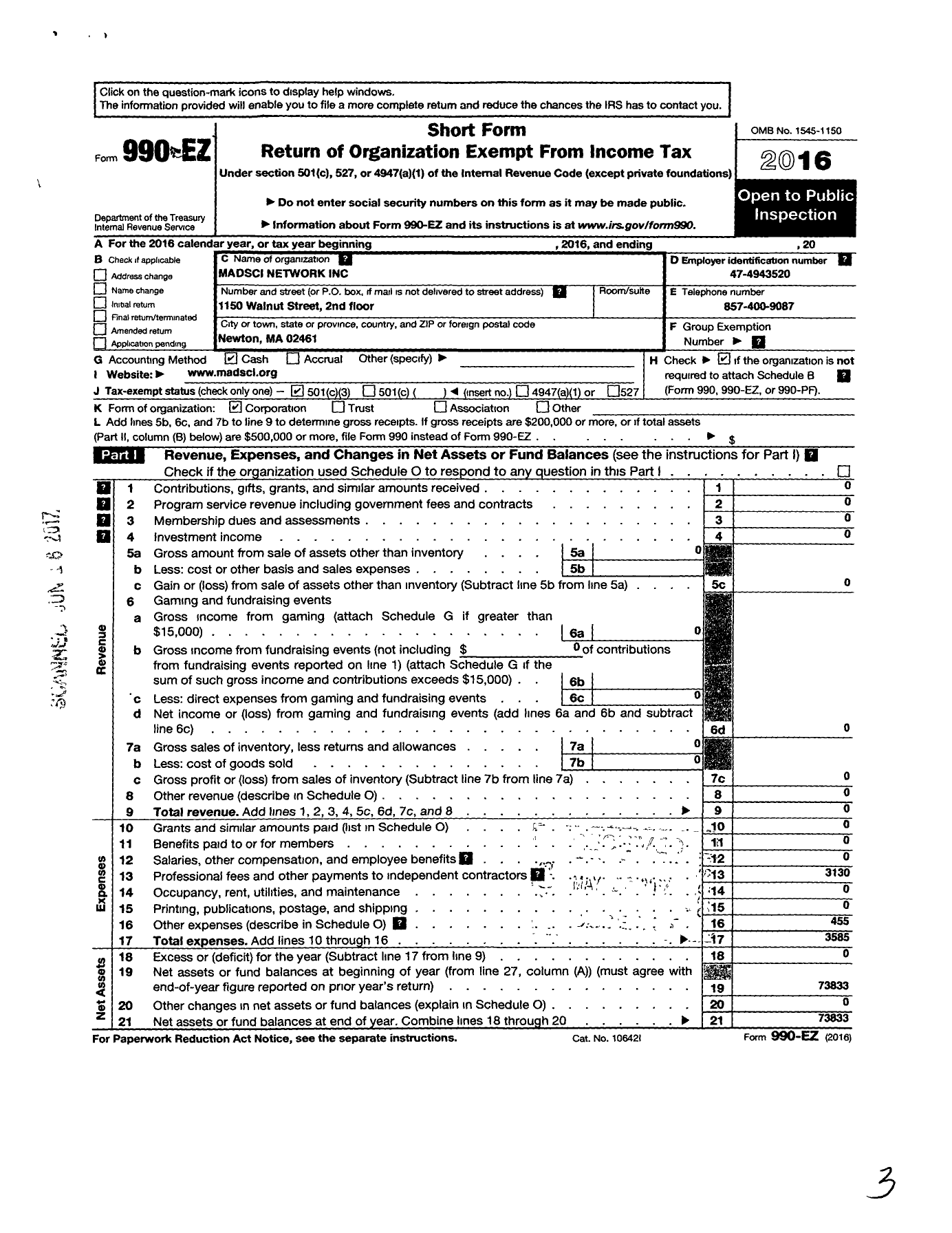 Image of first page of 2016 Form 990EZ for Madsci Network