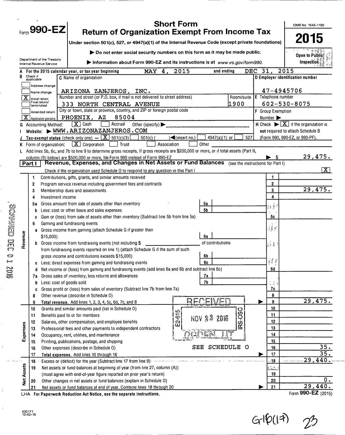 Image of first page of 2015 Form 990EZ for Arizona Zanjeros