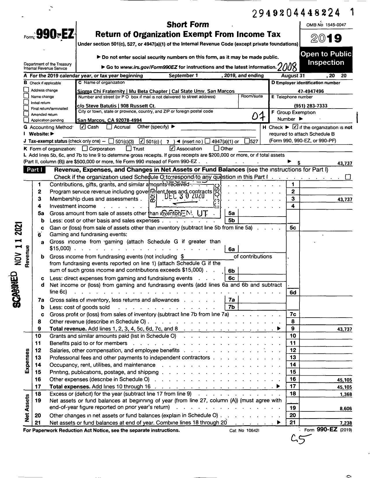 Image of first page of 2019 Form 990EO for SIGMA CHI FRATERNITY Mu Beta Chapter Cal State Univ San Marcos