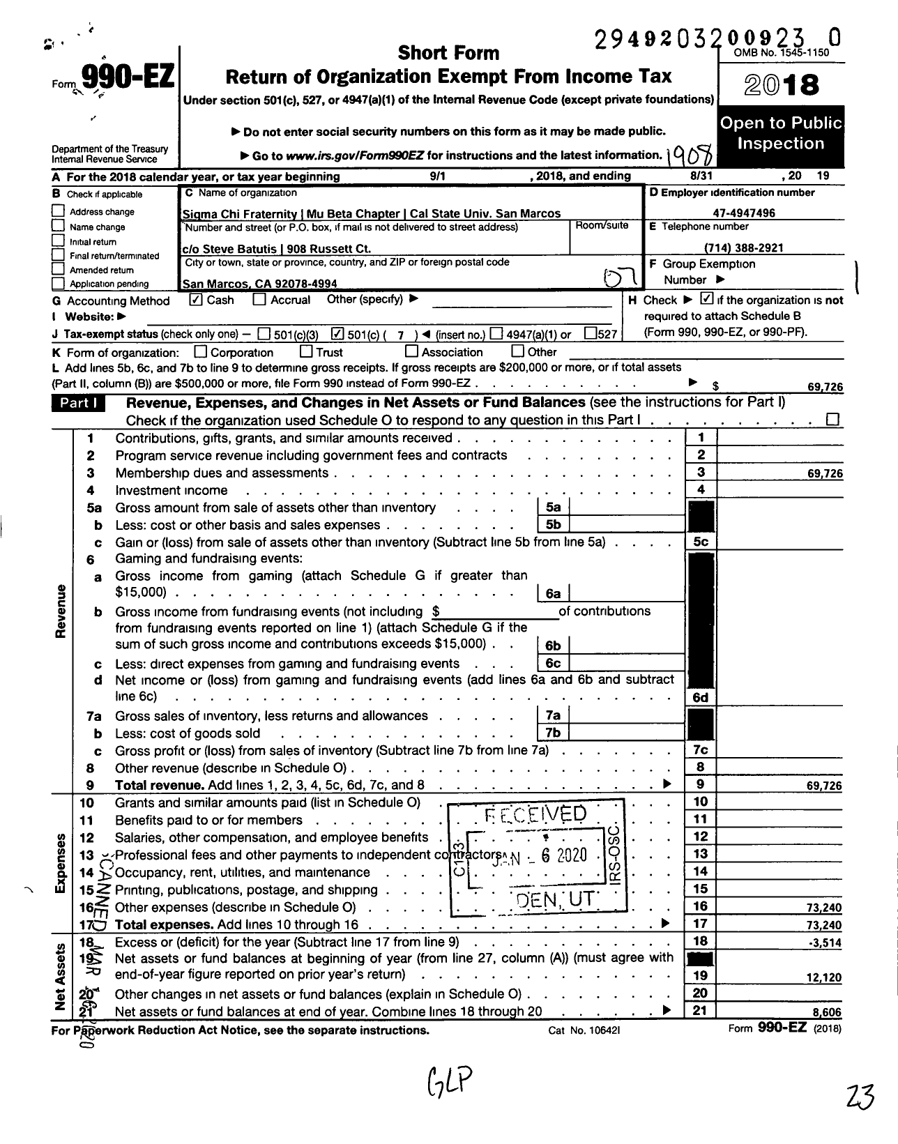 Image of first page of 2018 Form 990EO for SIGMA CHI FRATERNITY Mu Beta Chapter Cal State Univ San Marcos