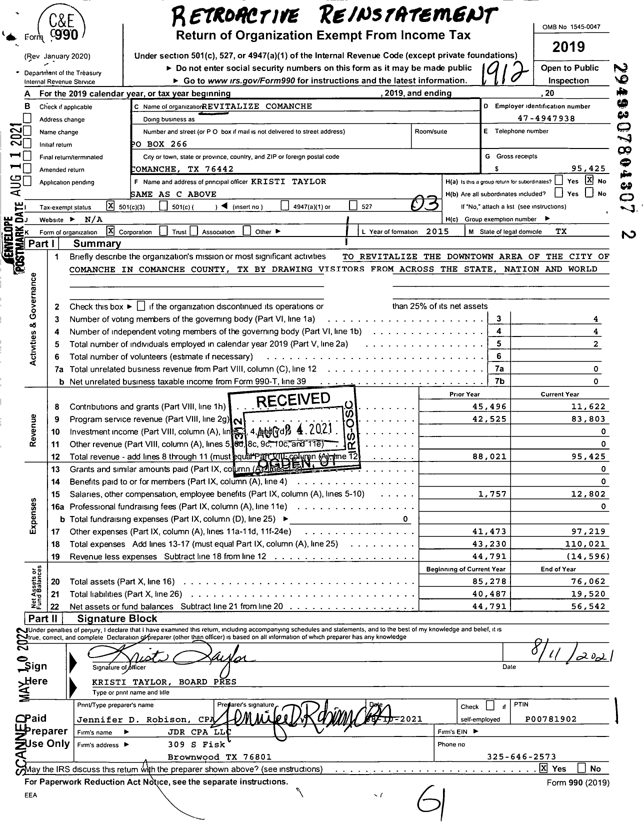 Image of first page of 2019 Form 990 for Revitalize Comanche