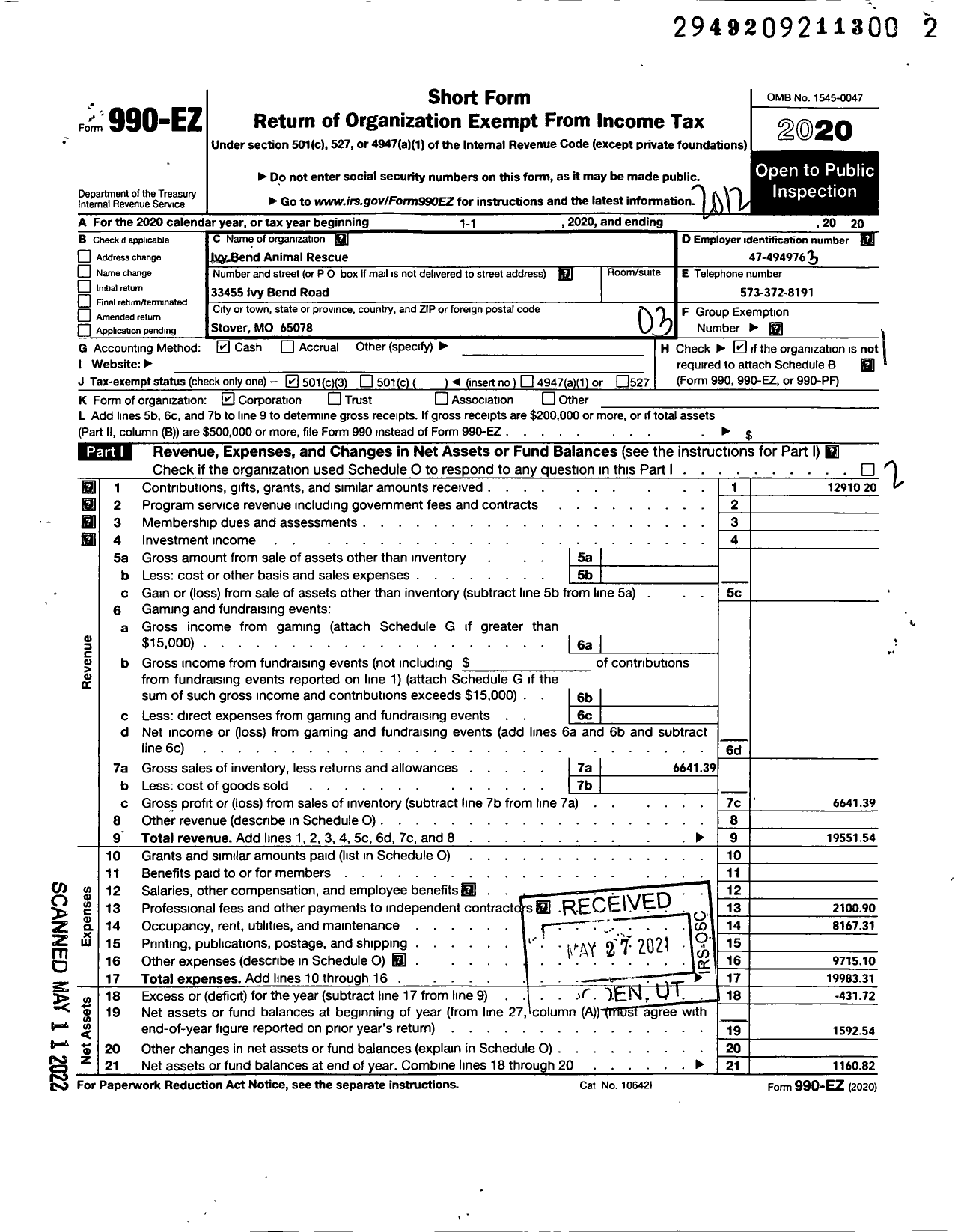 Image of first page of 2020 Form 990EZ for Ivy Bend Animal Rescue