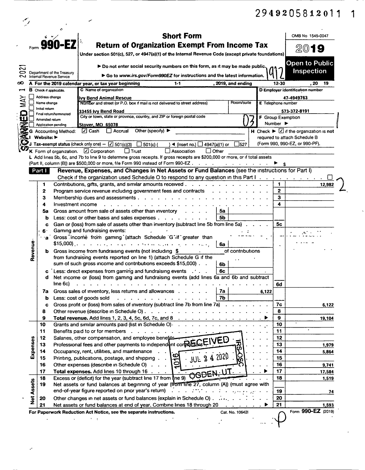 Image of first page of 2019 Form 990EZ for Ivy Bend Animal Rescue