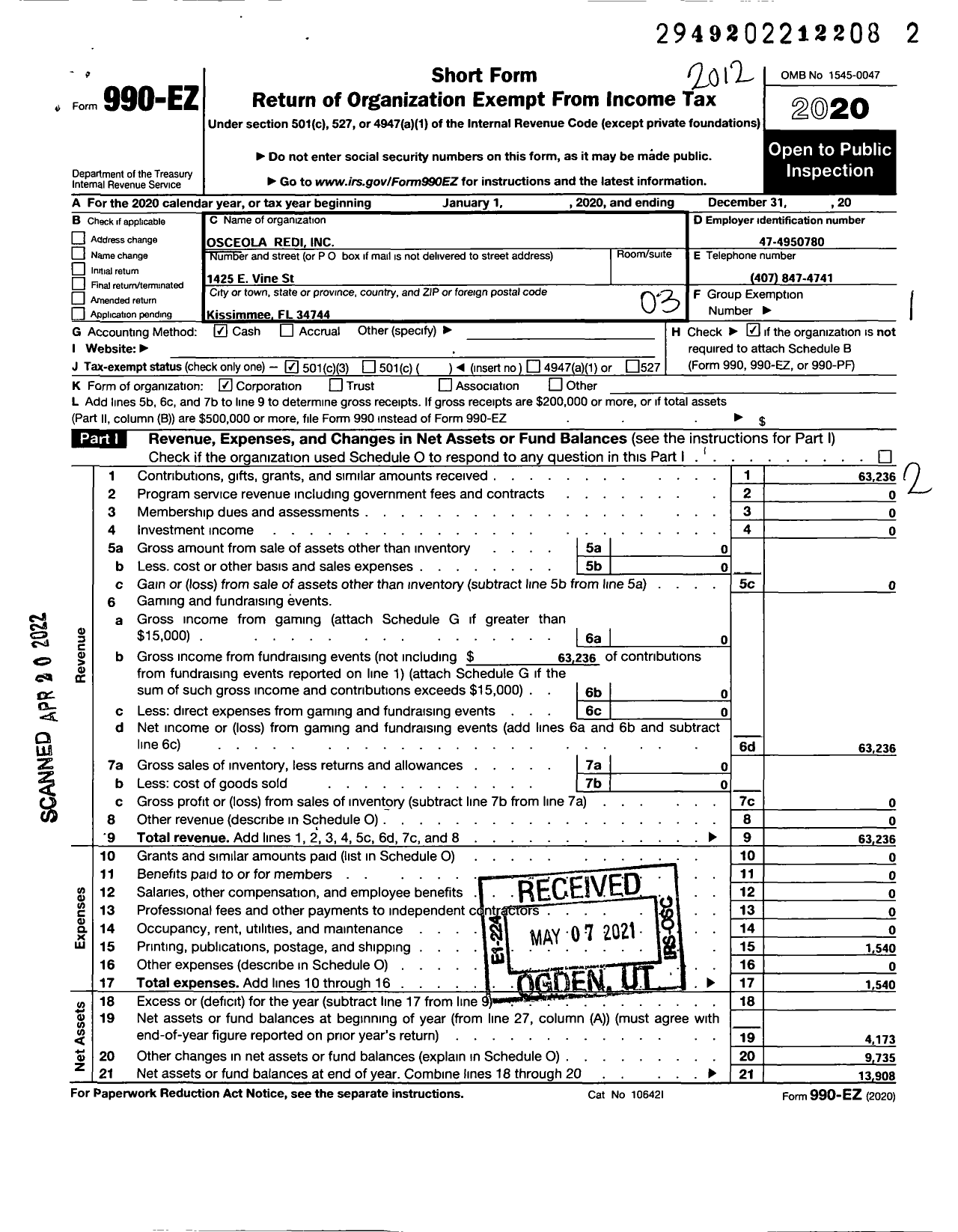 Image of first page of 2020 Form 990EZ for Osceola Redi