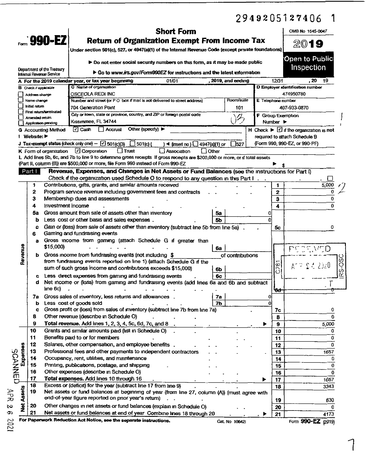 Image of first page of 2019 Form 990EZ for Osceola Redi