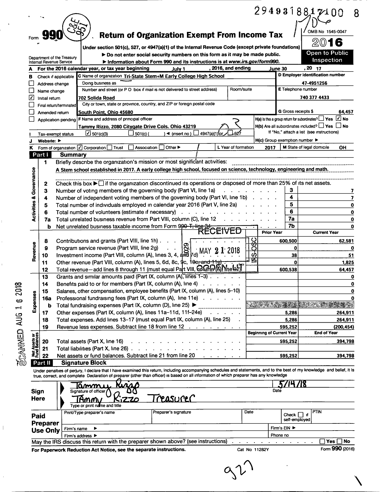 Image of first page of 2016 Form 990 for Tri-State Stemm School