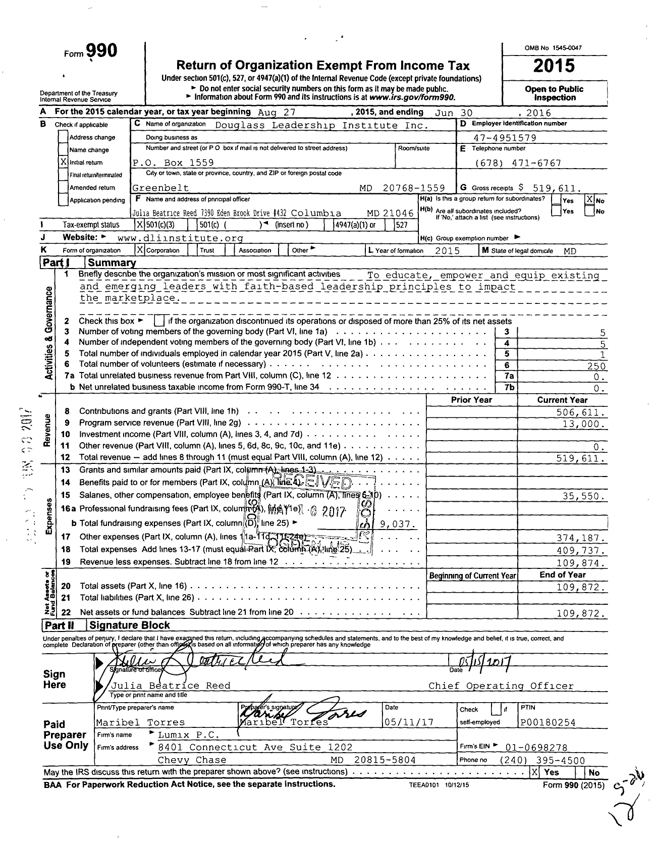 Image of first page of 2015 Form 990 for Douglass Leadership Institute