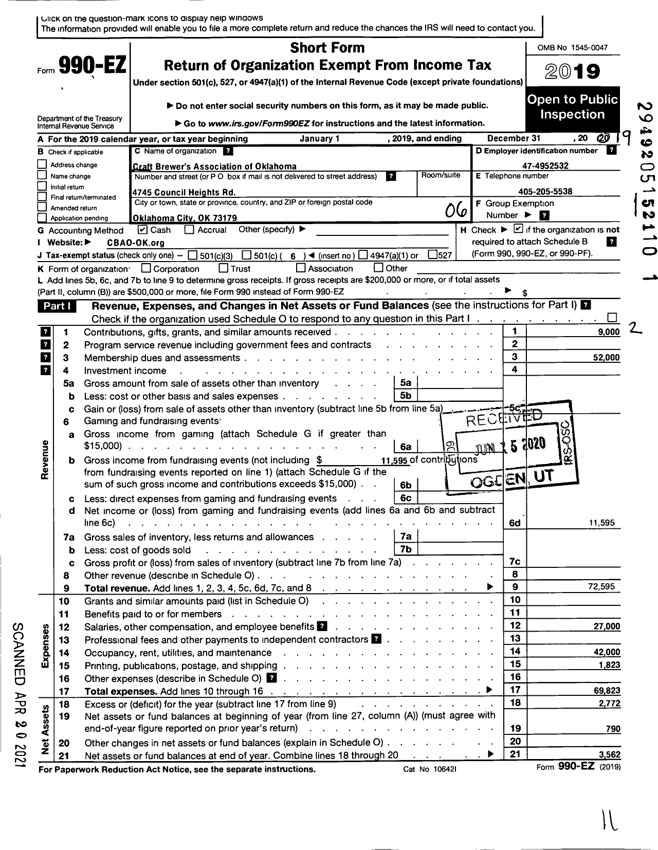 Image of first page of 2019 Form 990EO for Craft Brewers Association of Oklahoma