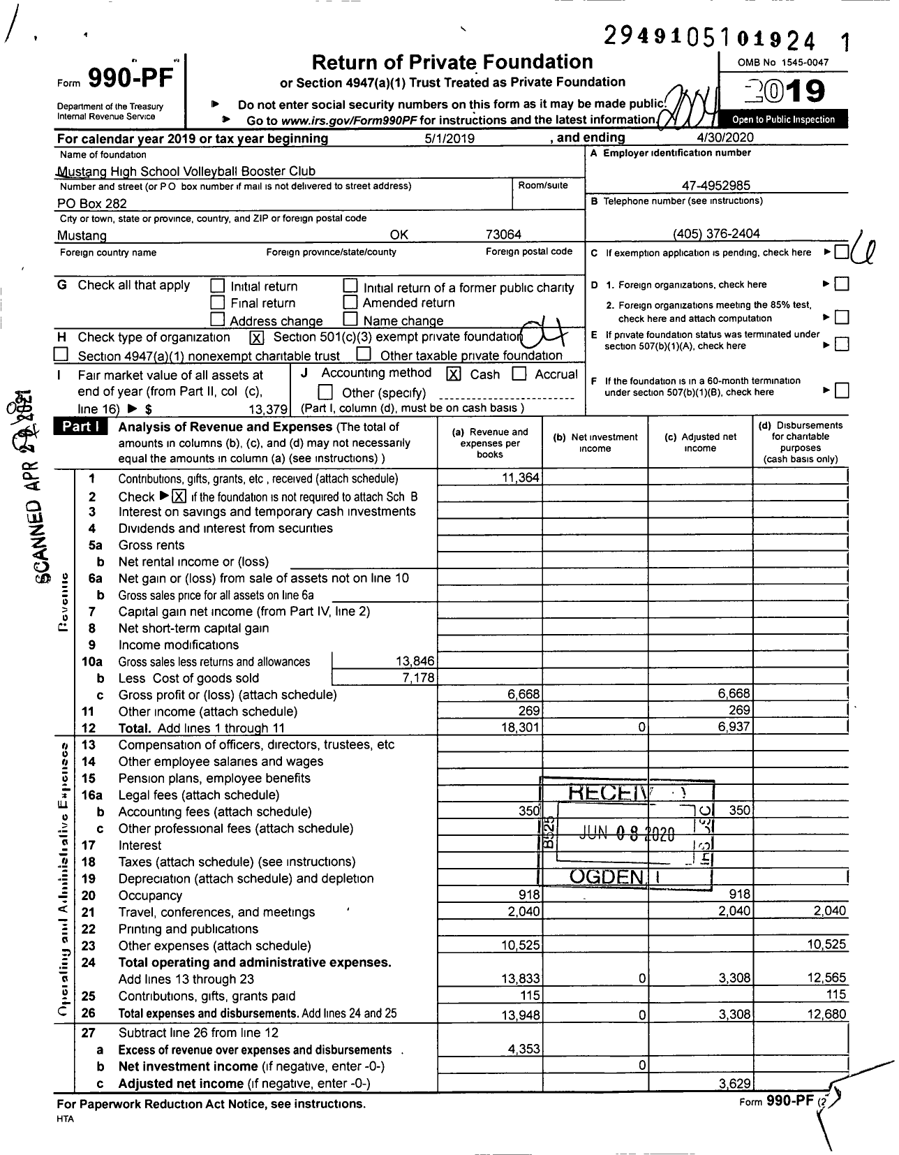 Image of first page of 2019 Form 990PF for Mustang High School Volleyball Booster Club