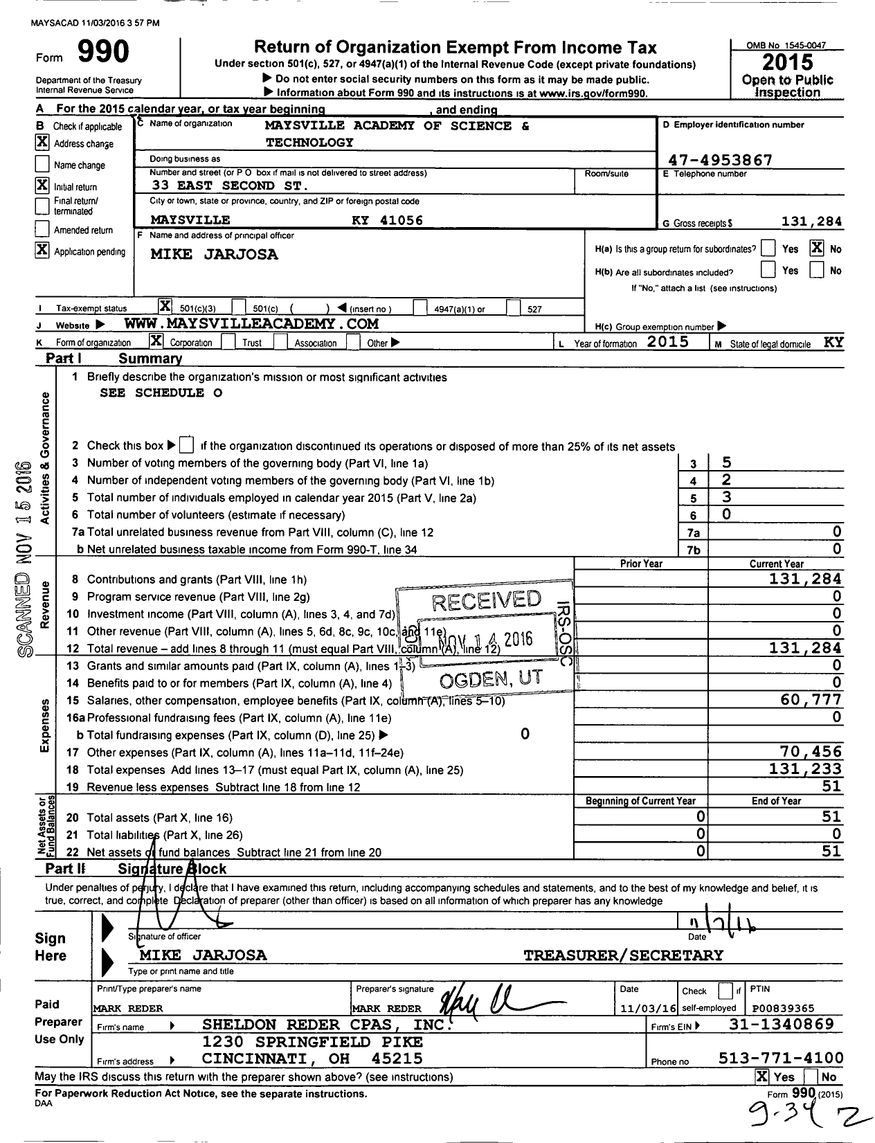 Image of first page of 2015 Form 990 for Maysville Academy of Science and Technology