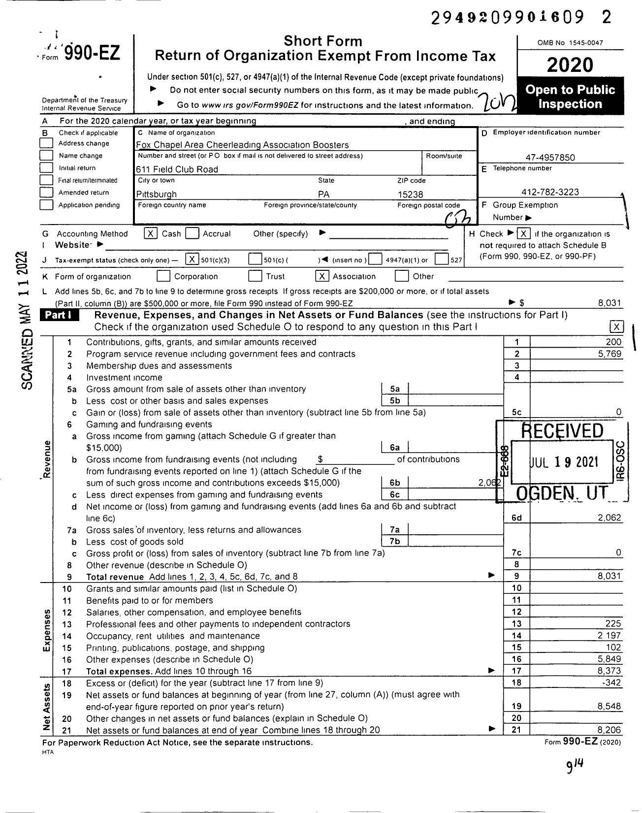 Image of first page of 2020 Form 990EZ for Fox Chapel Area Cheerleading Association Boosters