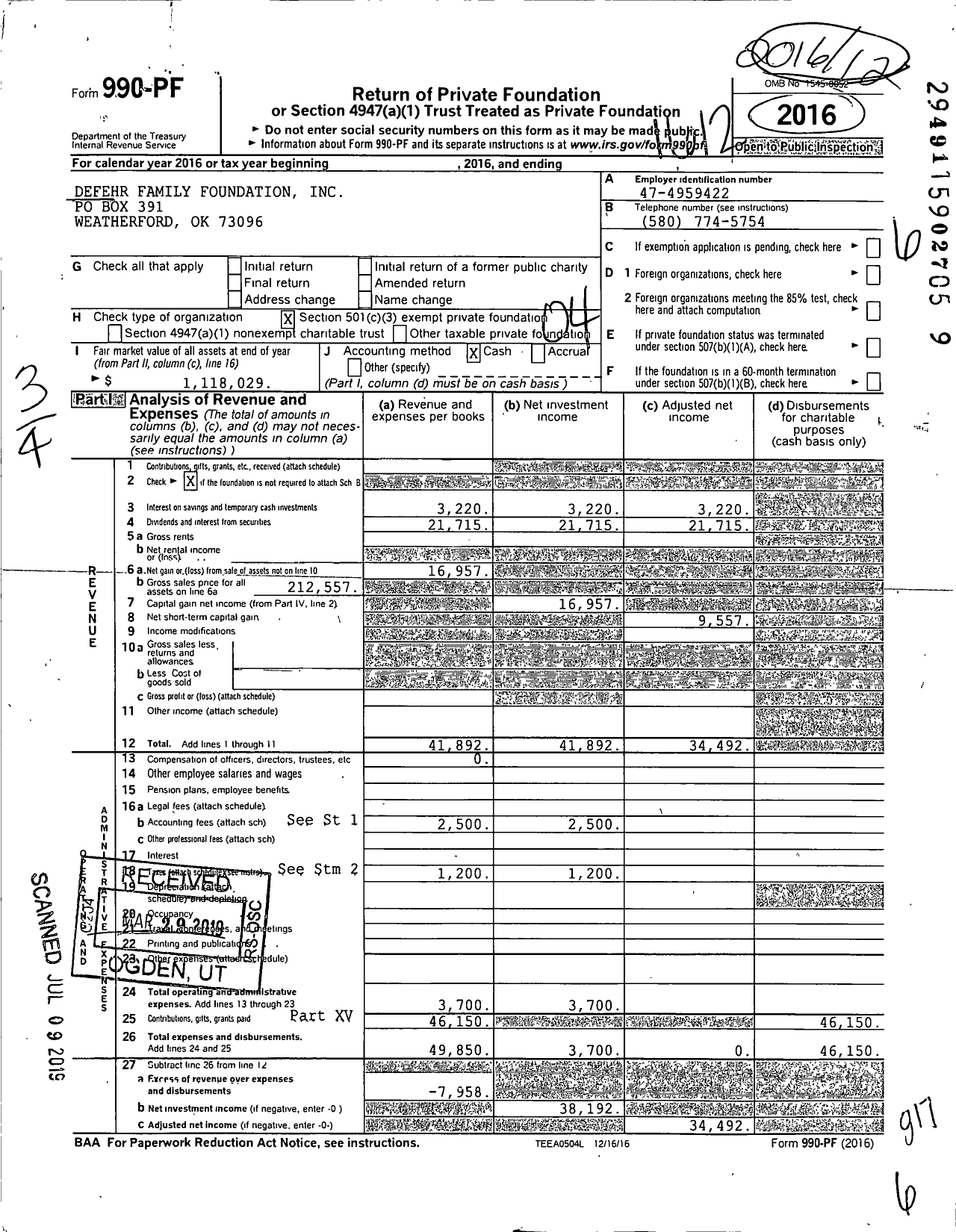 Image of first page of 2016 Form 990PF for Defehr Family Foundation