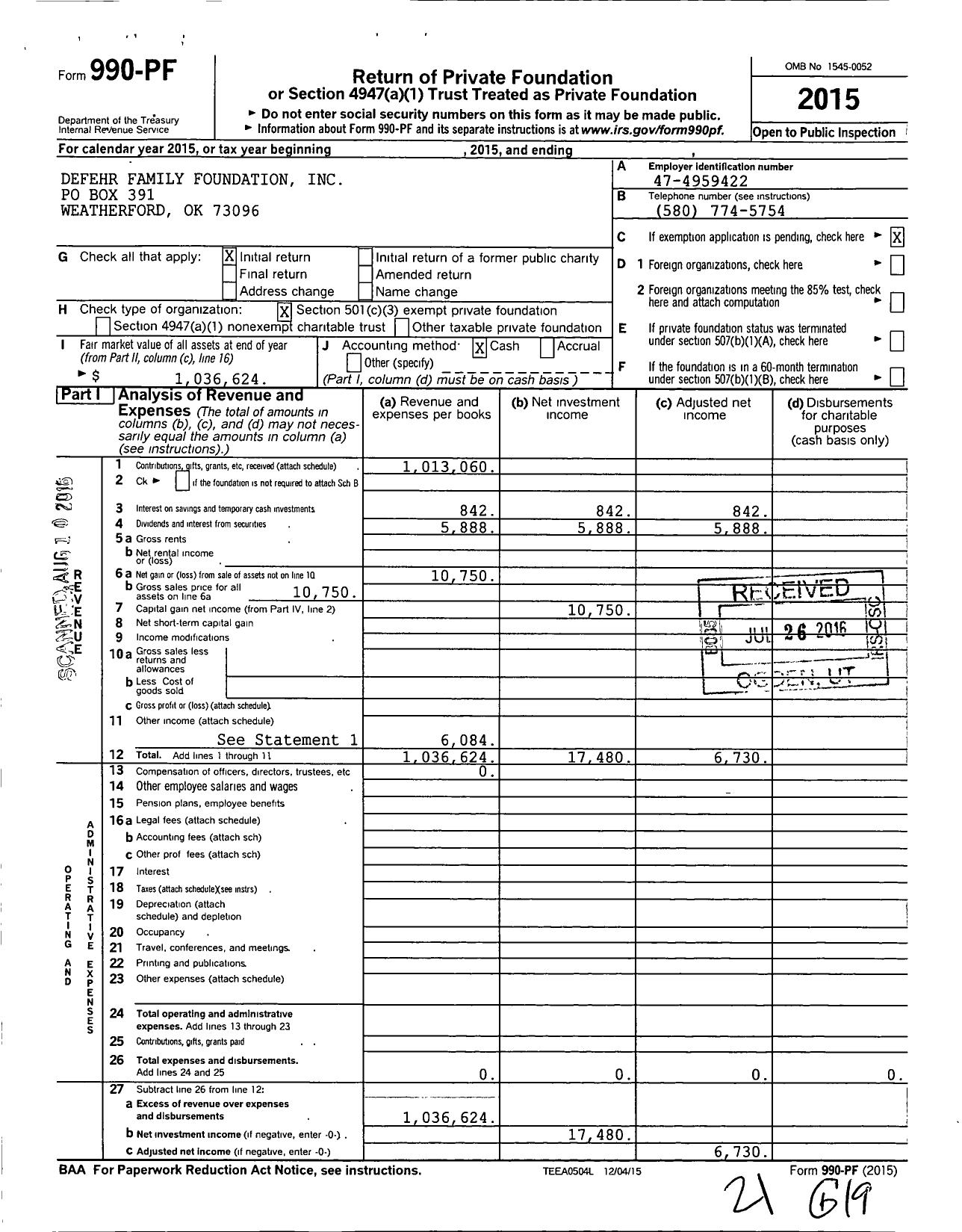 Image of first page of 2015 Form 990PF for Defehr Family Foundation