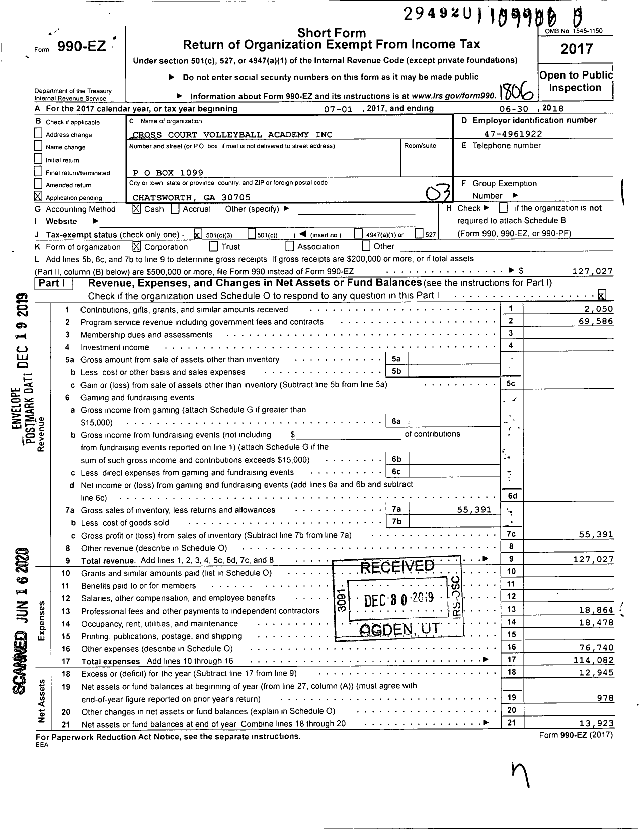 Image of first page of 2017 Form 990EZ for Cross Court Volleyball Academy