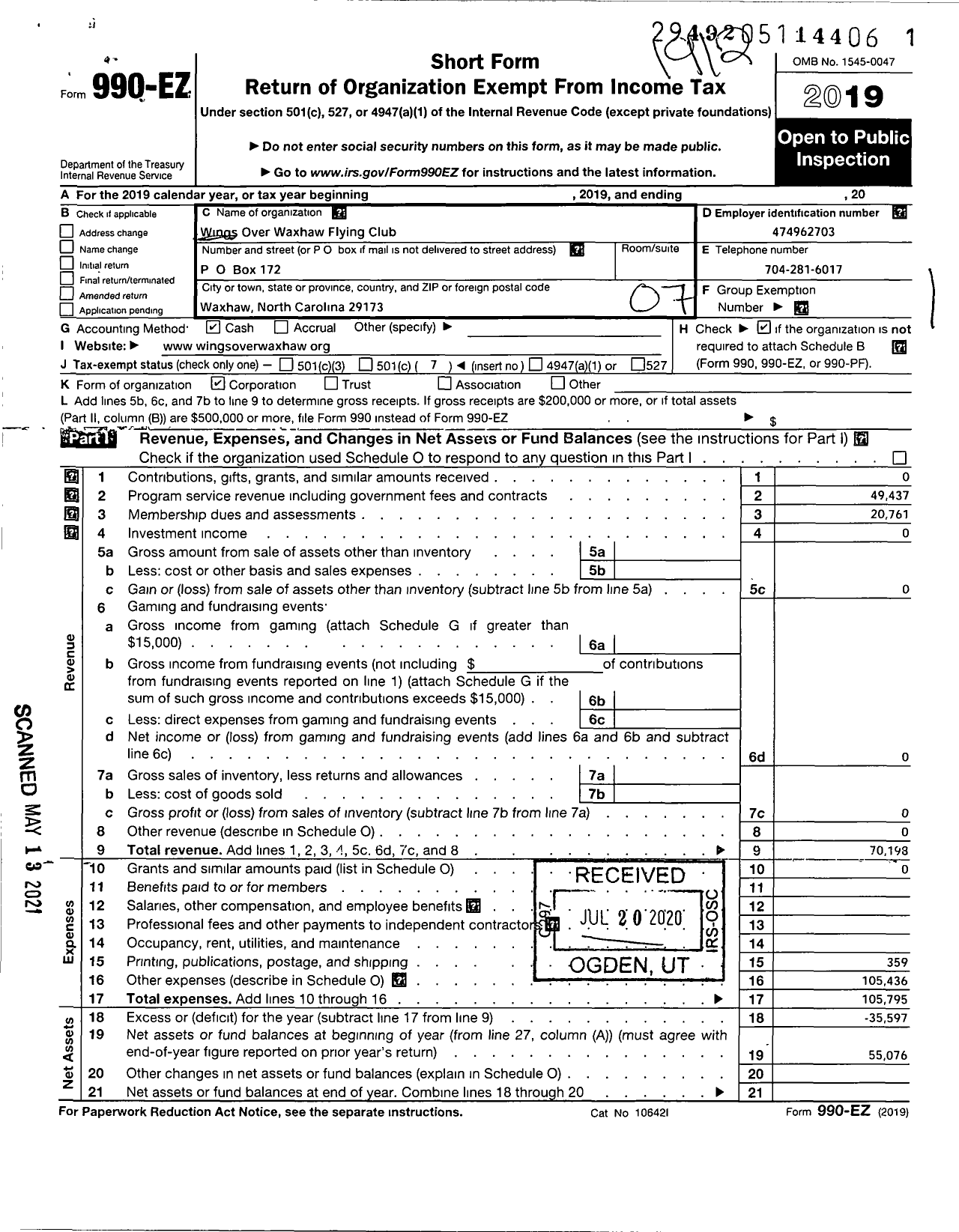 Image of first page of 2019 Form 990EO for Wings Over Waxhaw Flying Club