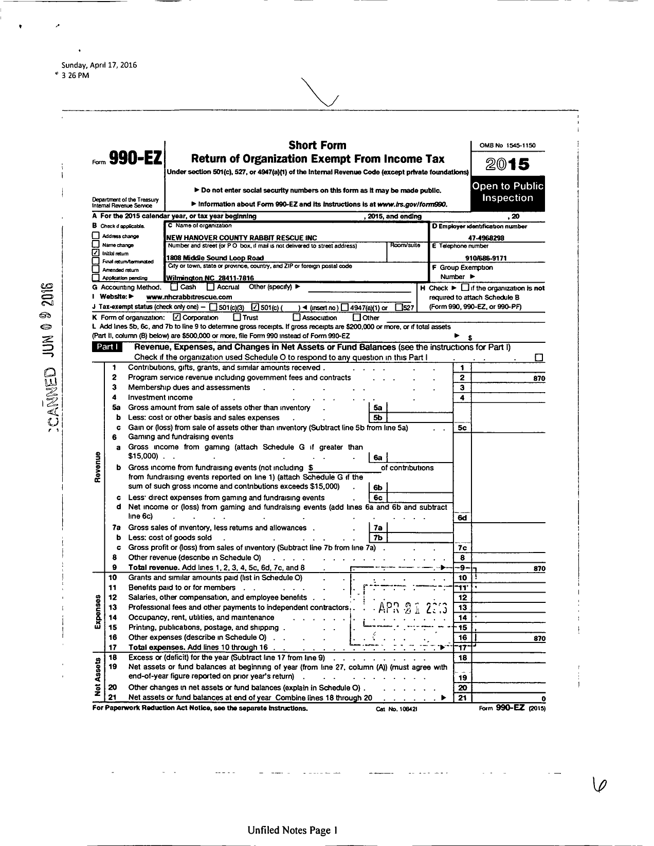 Image of first page of 2015 Form 990EO for New Hanover County Rabbit Rescue of Wilmington