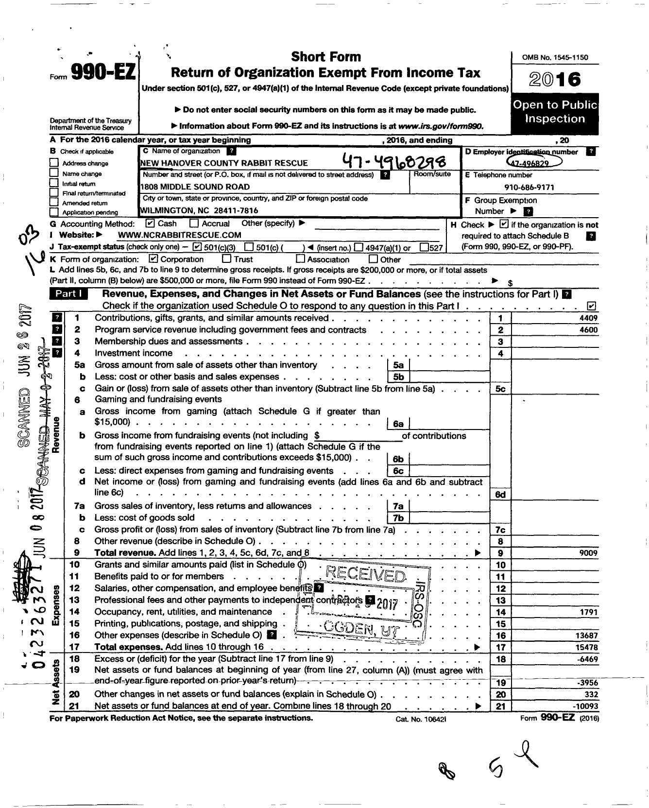 Image of first page of 2016 Form 990EZ for New Hanover County Rabbit Rescue of Wilmington