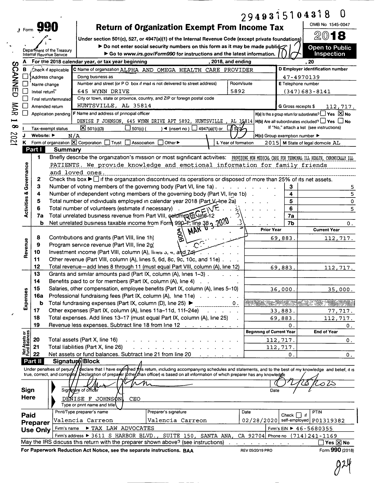 Image of first page of 2018 Form 990 for Alpha and Omega Health Care Providers