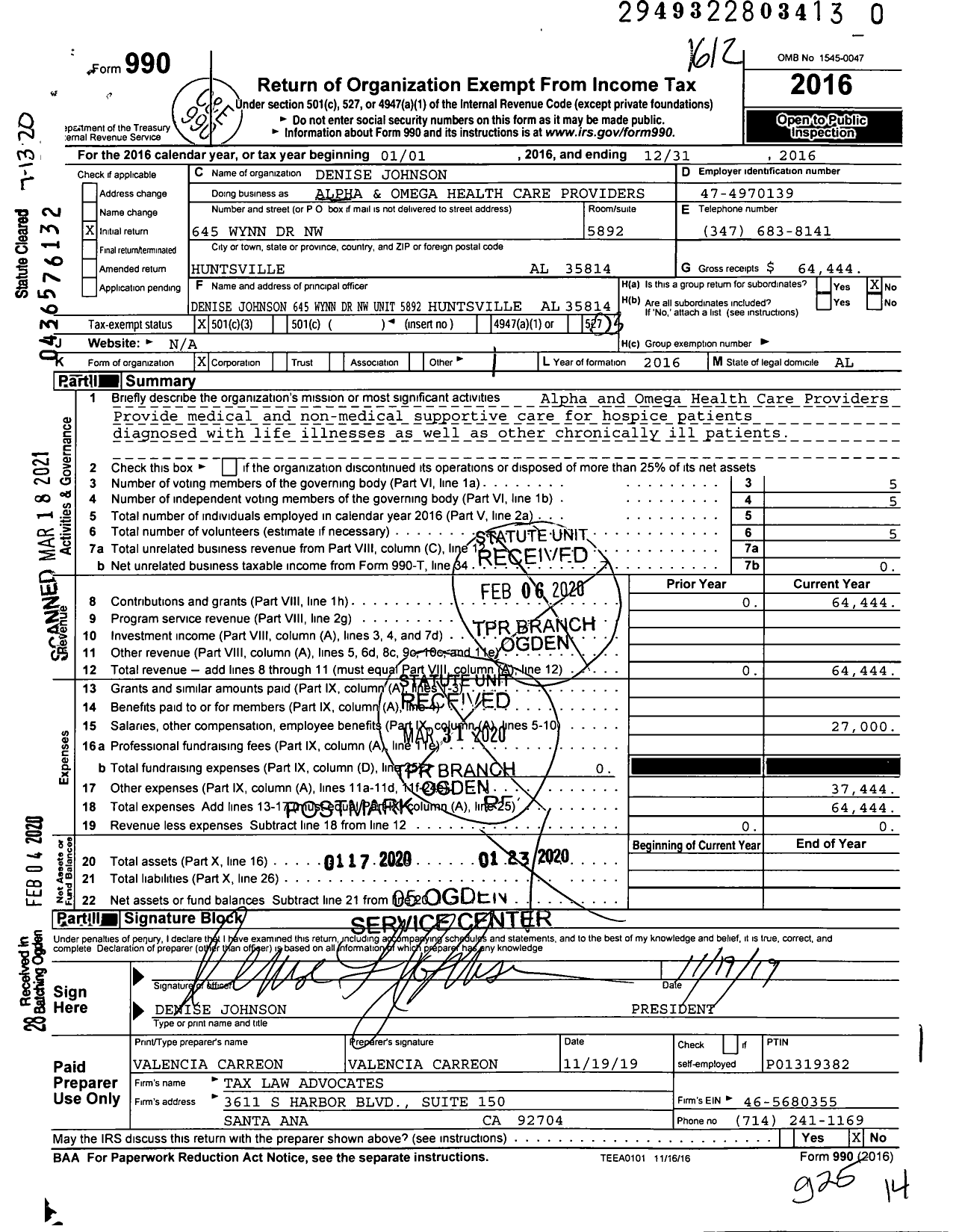 Image of first page of 2016 Form 990 for Alpha and Omega Health Care Providers