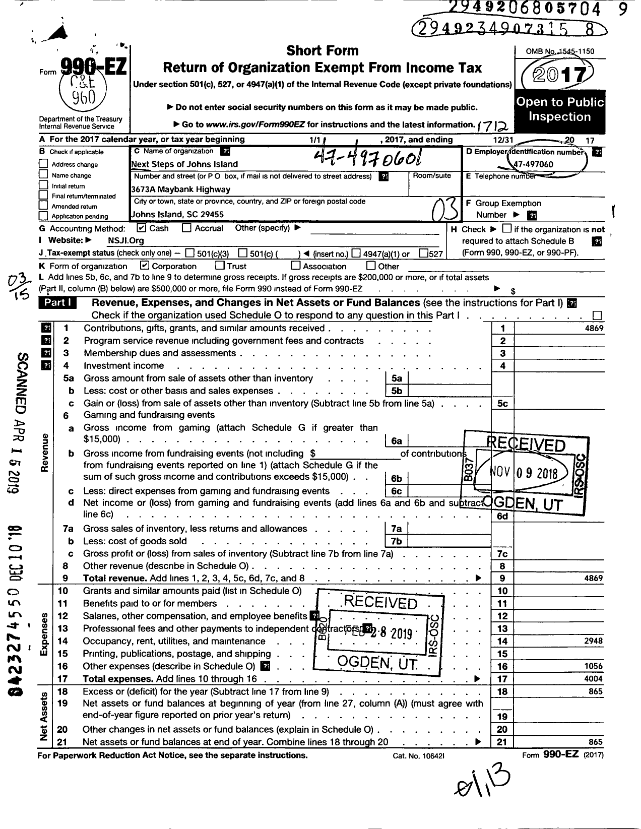 Image of first page of 2017 Form 990EZ for Next Steps of John Island