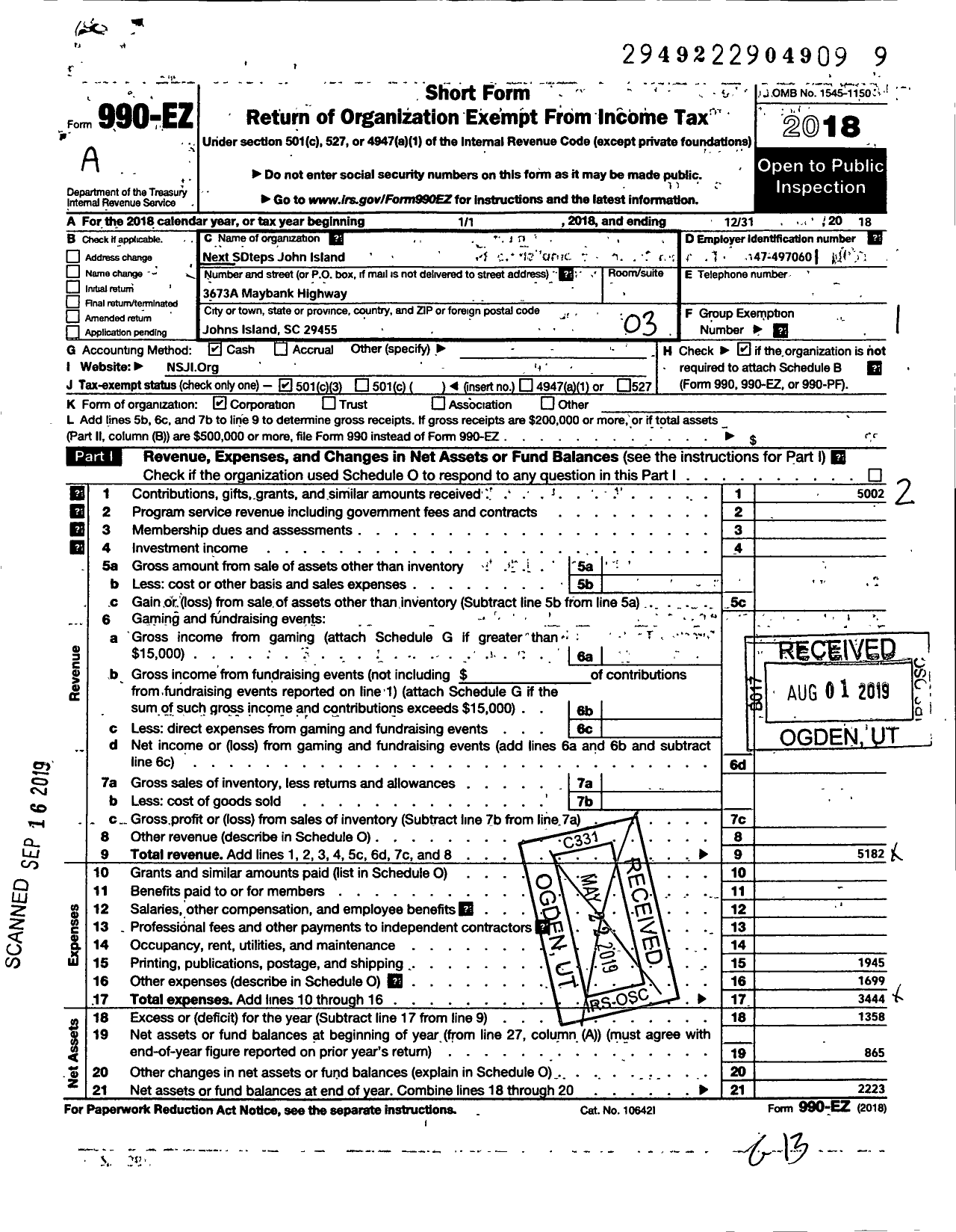 Image of first page of 2018 Form 990EZ for Next Steps of John Island