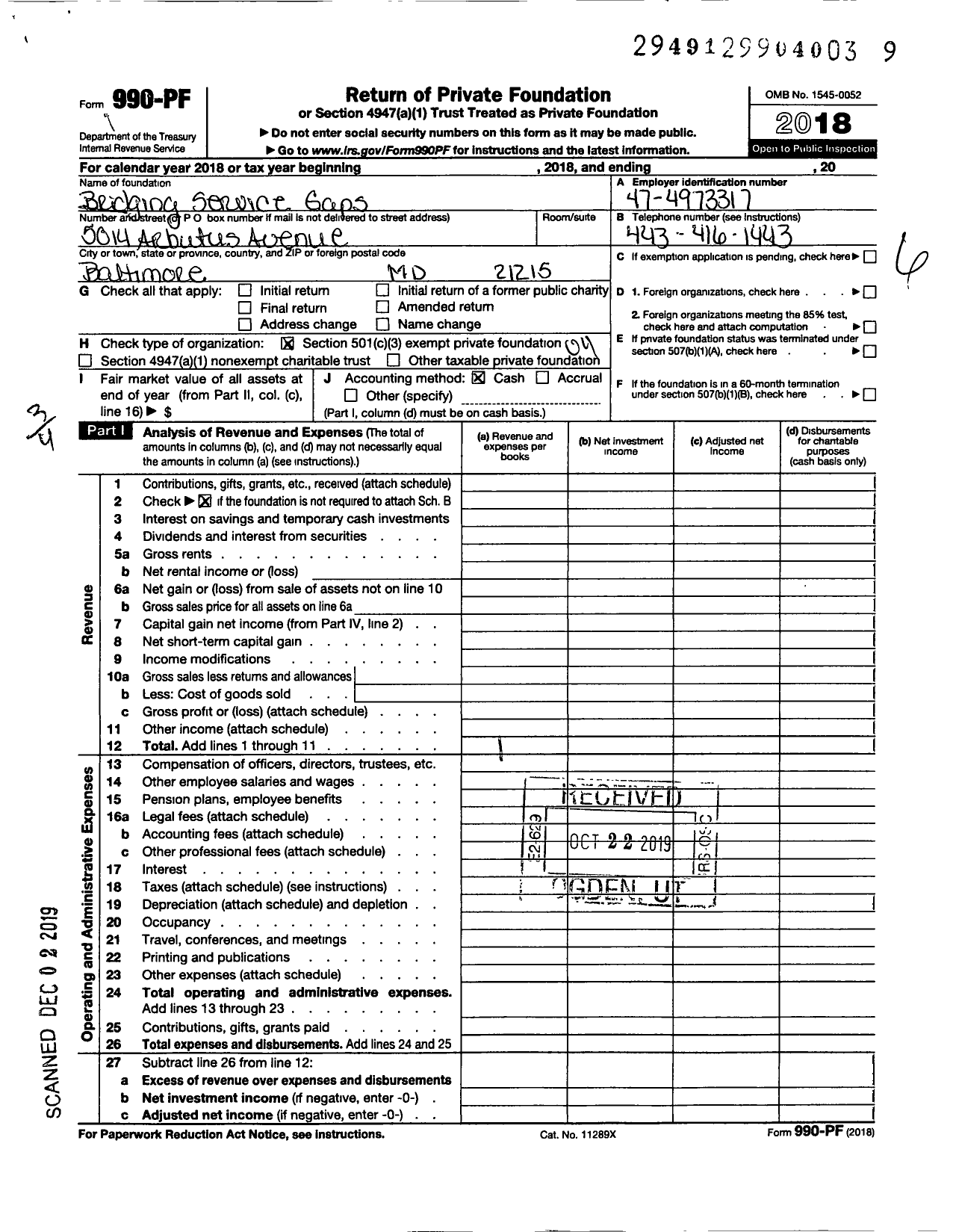 Image of first page of 2018 Form 990PF for Bridging Service Gaps