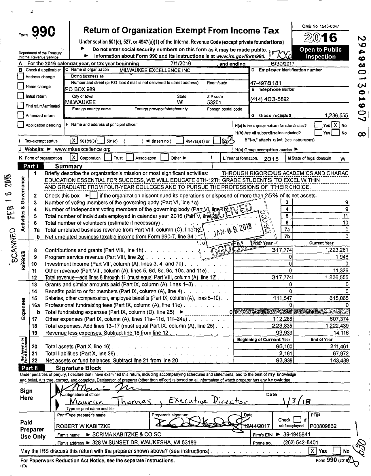 Image of first page of 2016 Form 990 for Milwaukee Excellence