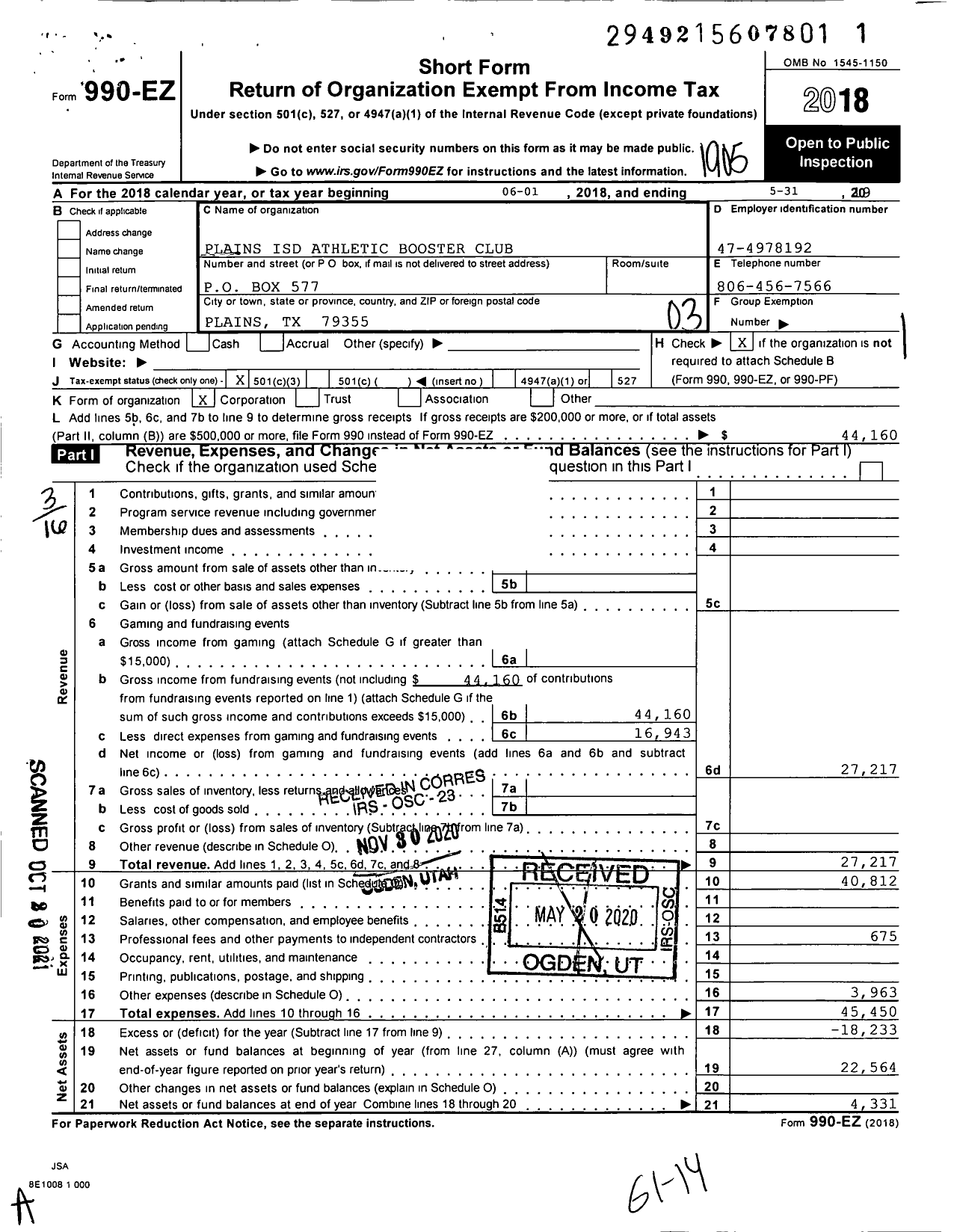 Image of first page of 2018 Form 990EZ for Plains Athletic Booster Club