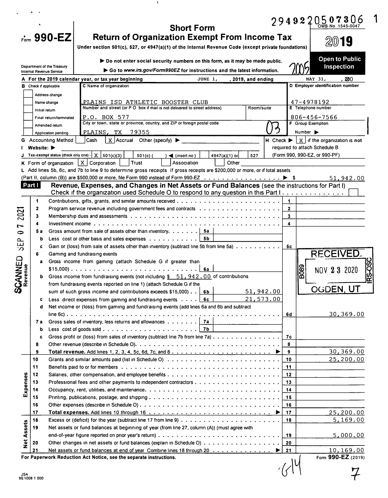 Image of first page of 2019 Form 990EZ for Plains Athletic Booster Club