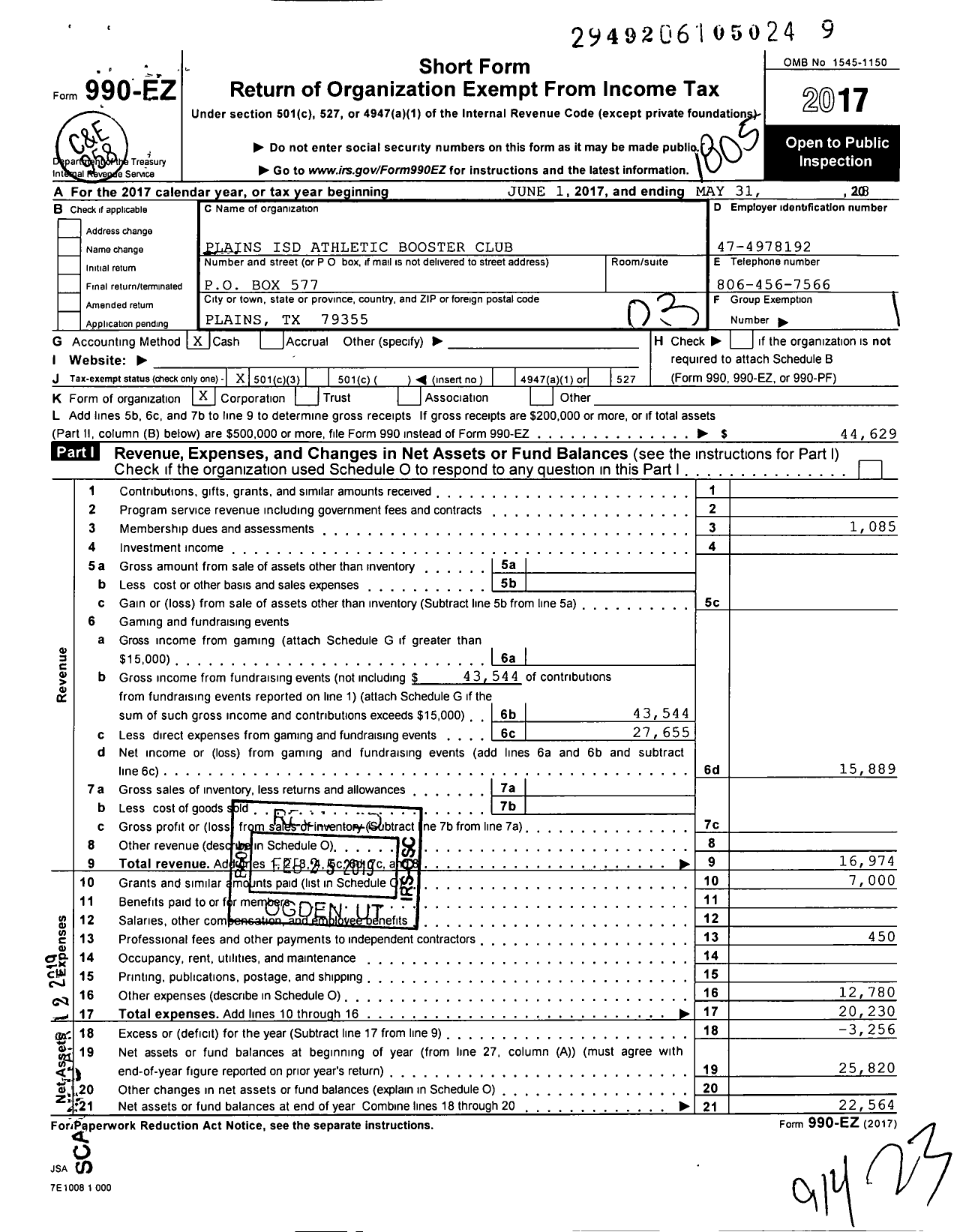 Image of first page of 2017 Form 990EZ for Plains Athletic Booster Club