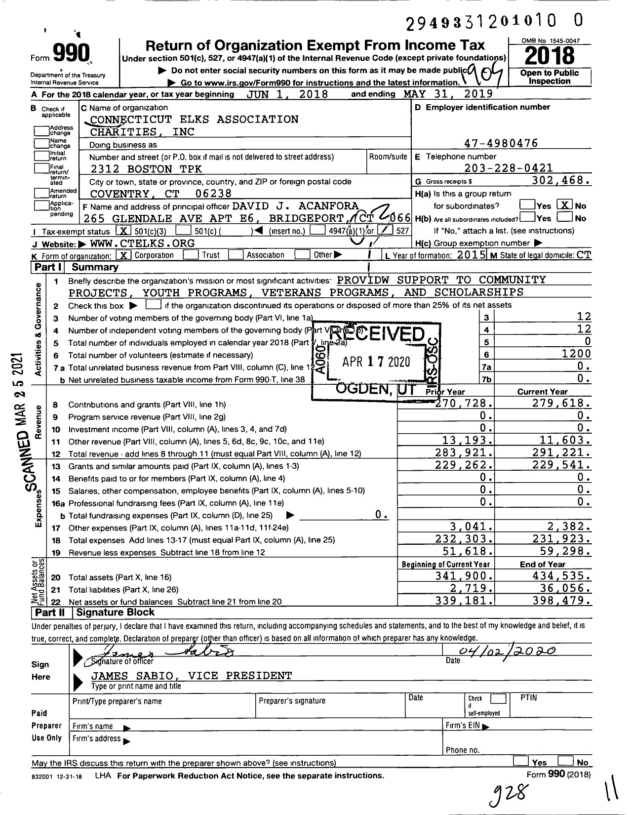 Image of first page of 2018 Form 990 for Connecticut Elks Association Charities