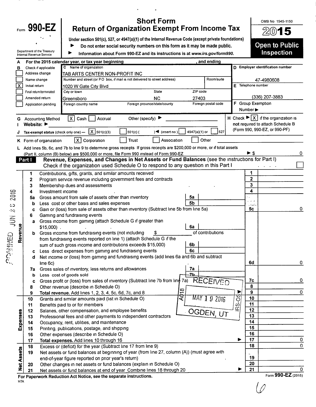 Image of first page of 2015 Form 990EZ for Tab Arts Center Non-Profit
