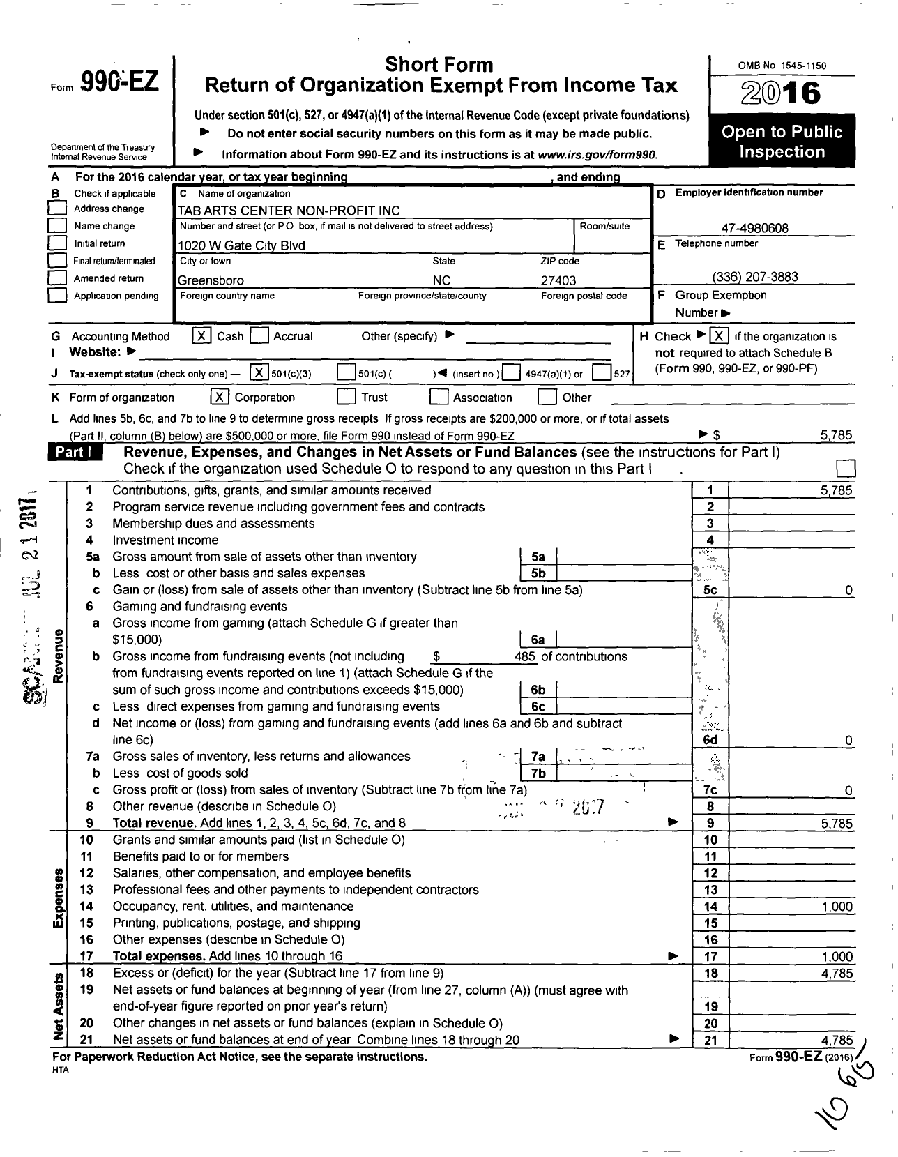 Image of first page of 2016 Form 990EZ for Tab Arts Center Non-Profit