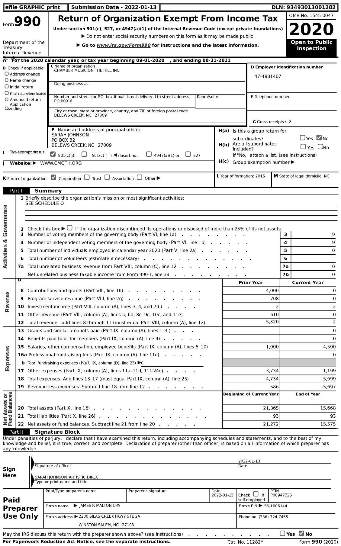 Image of first page of 2020 Form 990 for Chamber Music on the Hill