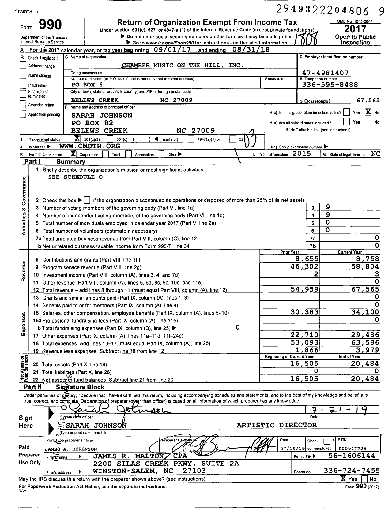 Image of first page of 2017 Form 990 for Chamber Music on the Hill