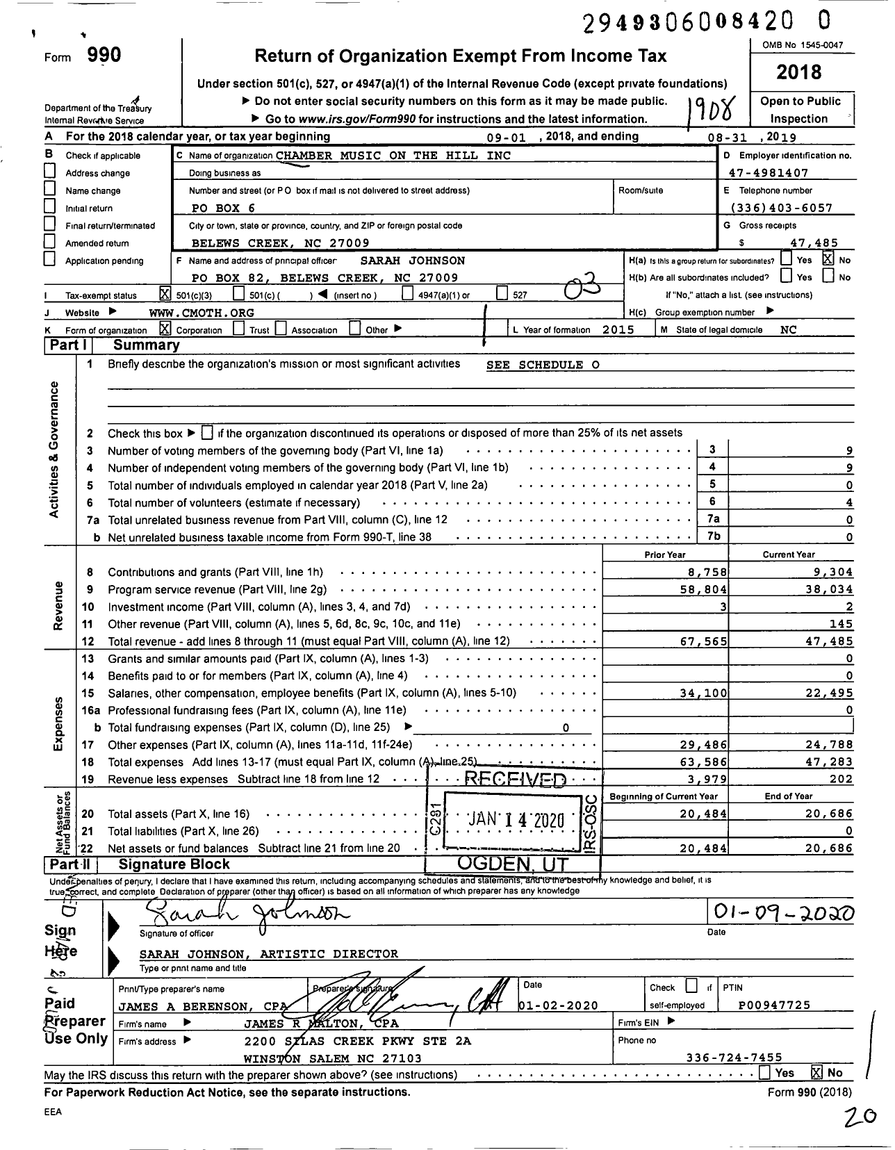 Image of first page of 2018 Form 990 for Chamber Music on the Hill