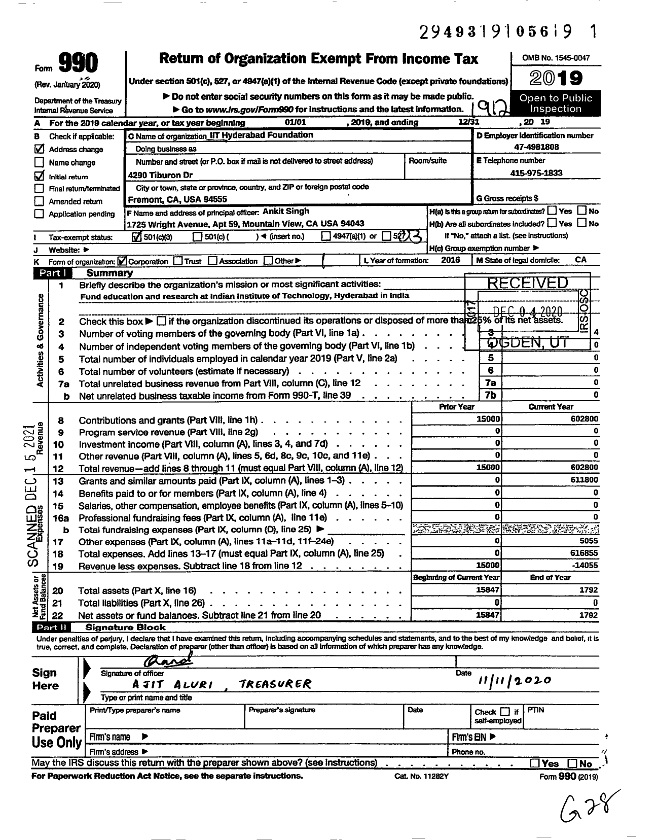 Image of first page of 2019 Form 990 for Iit Hyderabad Foundation