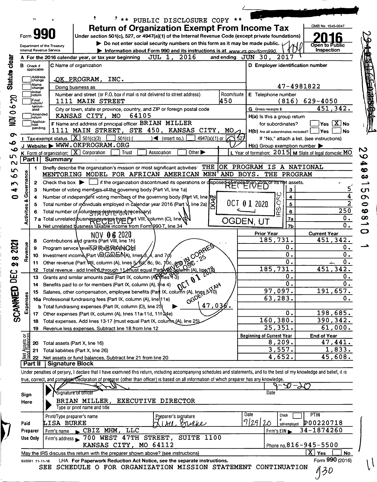 Image of first page of 2016 Form 990 for Ok Program