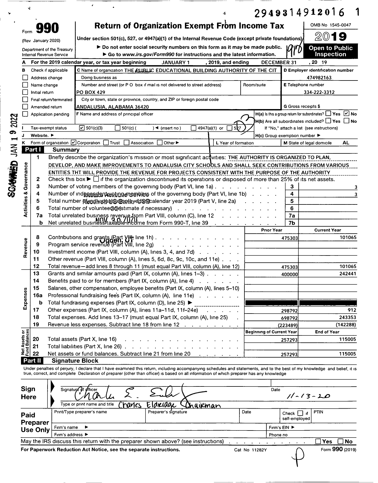 Image of first page of 2019 Form 990 for Public Educational Building Authority of the City of Andalusia